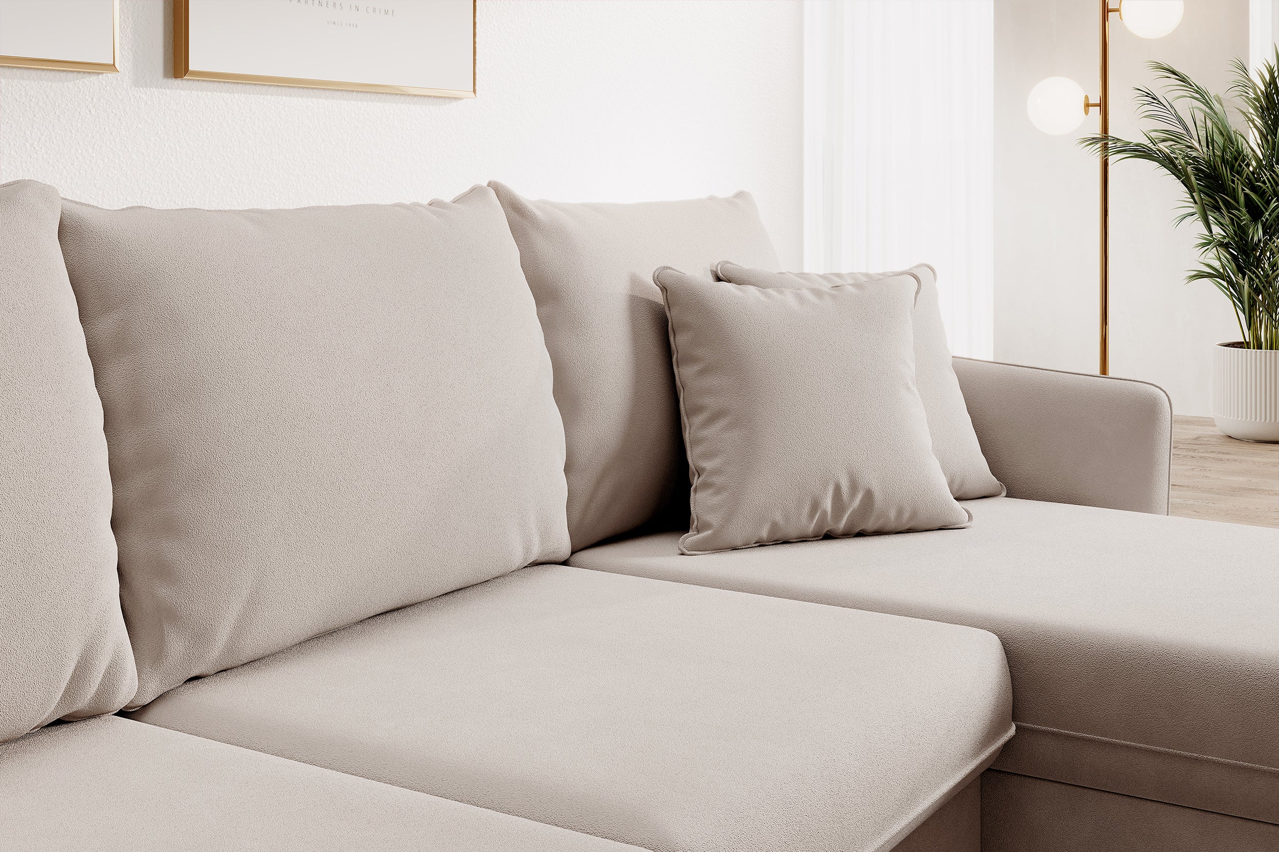 Narożnik z funkcją spania Volio beżowy velvet hydrofobowy nogi czarne