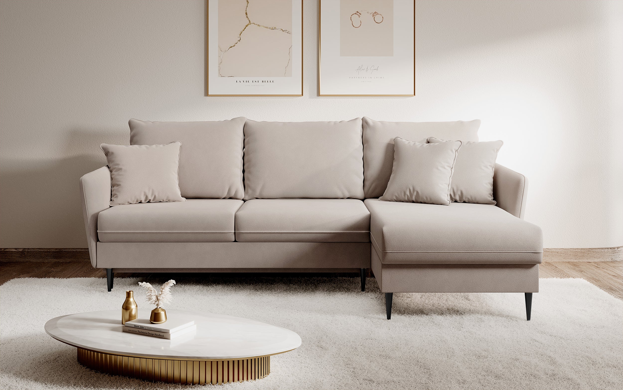 Narożnik z funkcją spania Volio beżowy velvet hydrofobowy nogi czarne