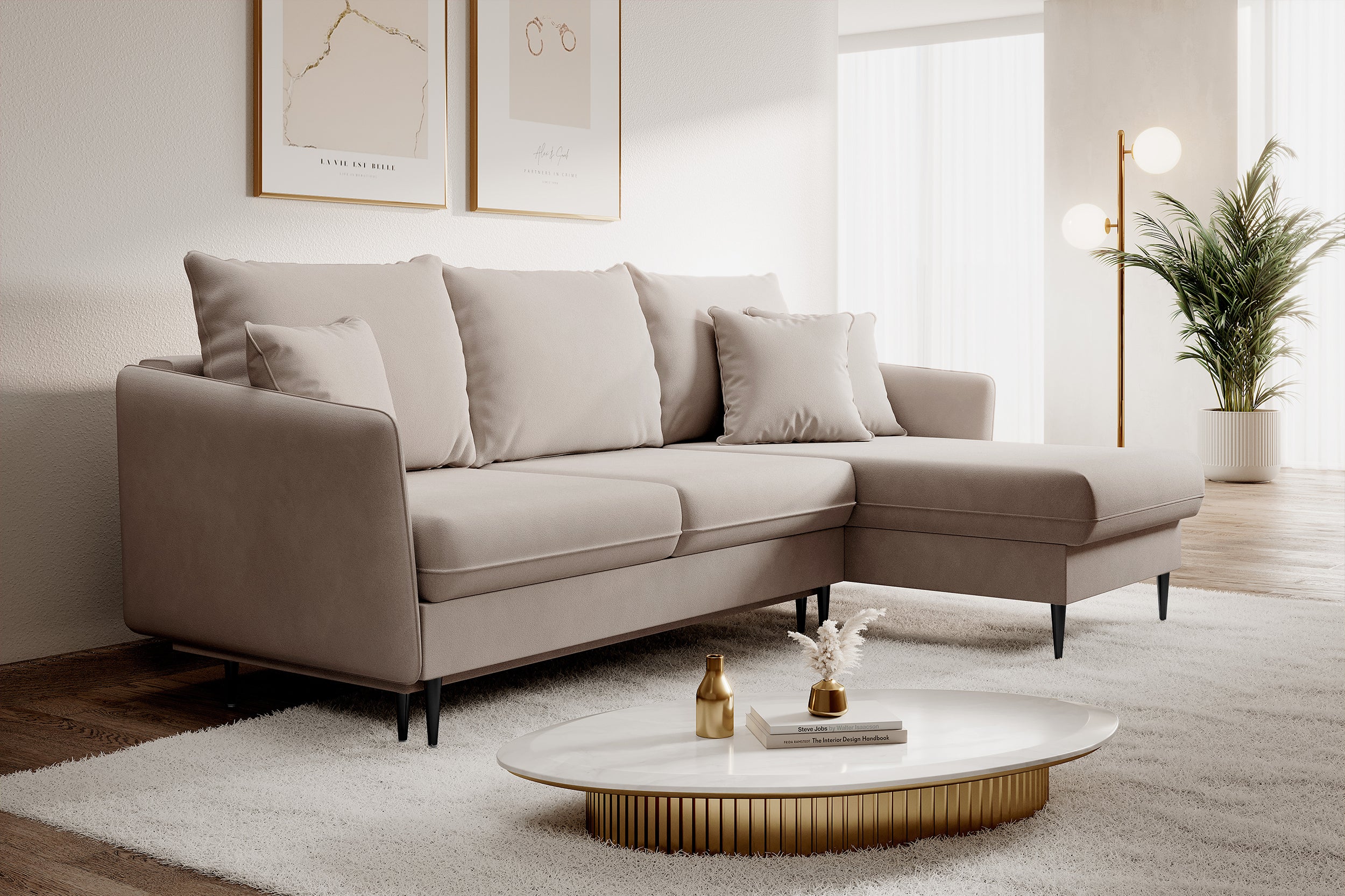 Narożnik z funkcją spania Volio beżowy velvet hydrofobowy nogi czarne