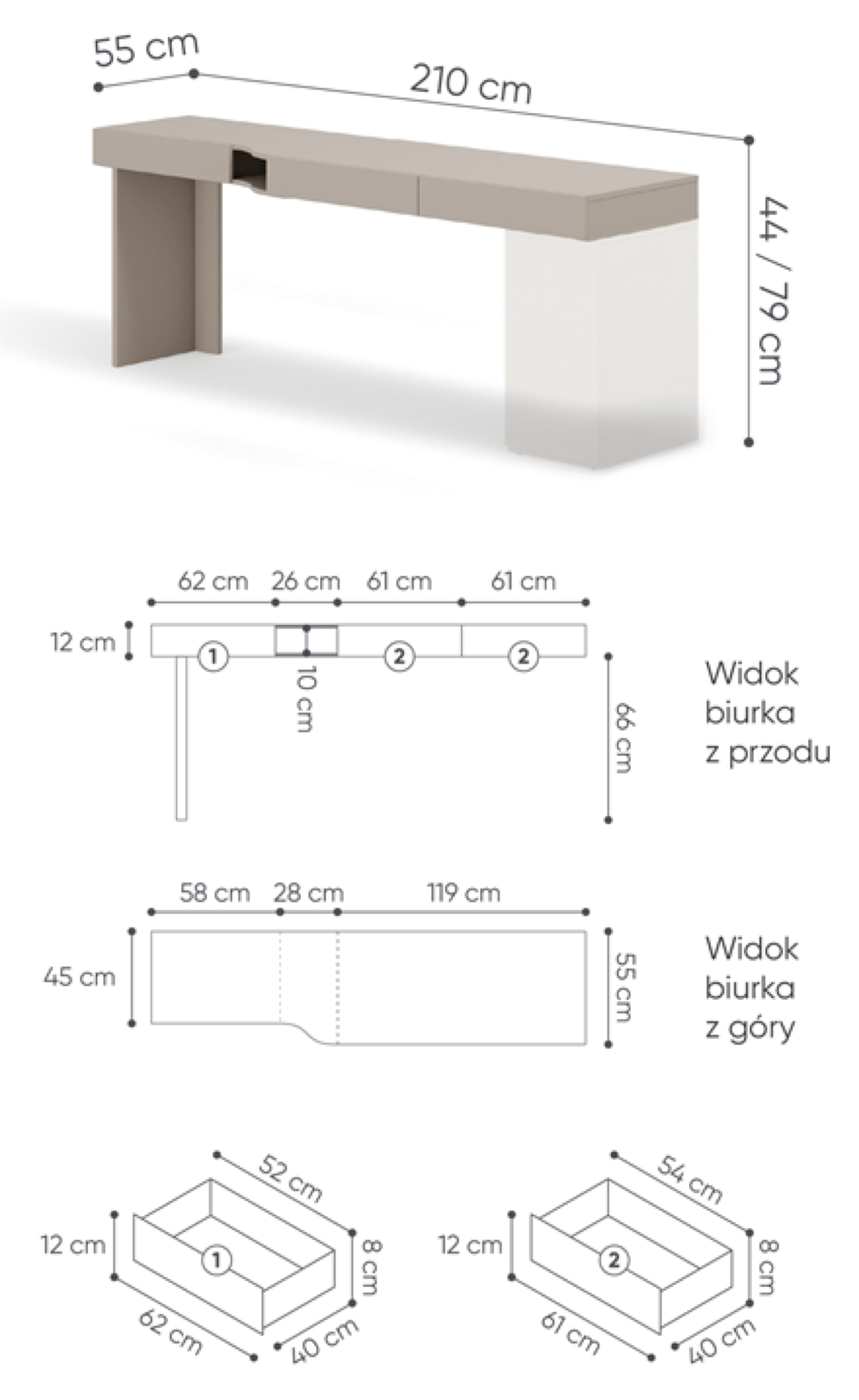 Biurko młodzieżowe prawe Woow z trzema szufladami i wnęką 210 cm szampański/clay grey