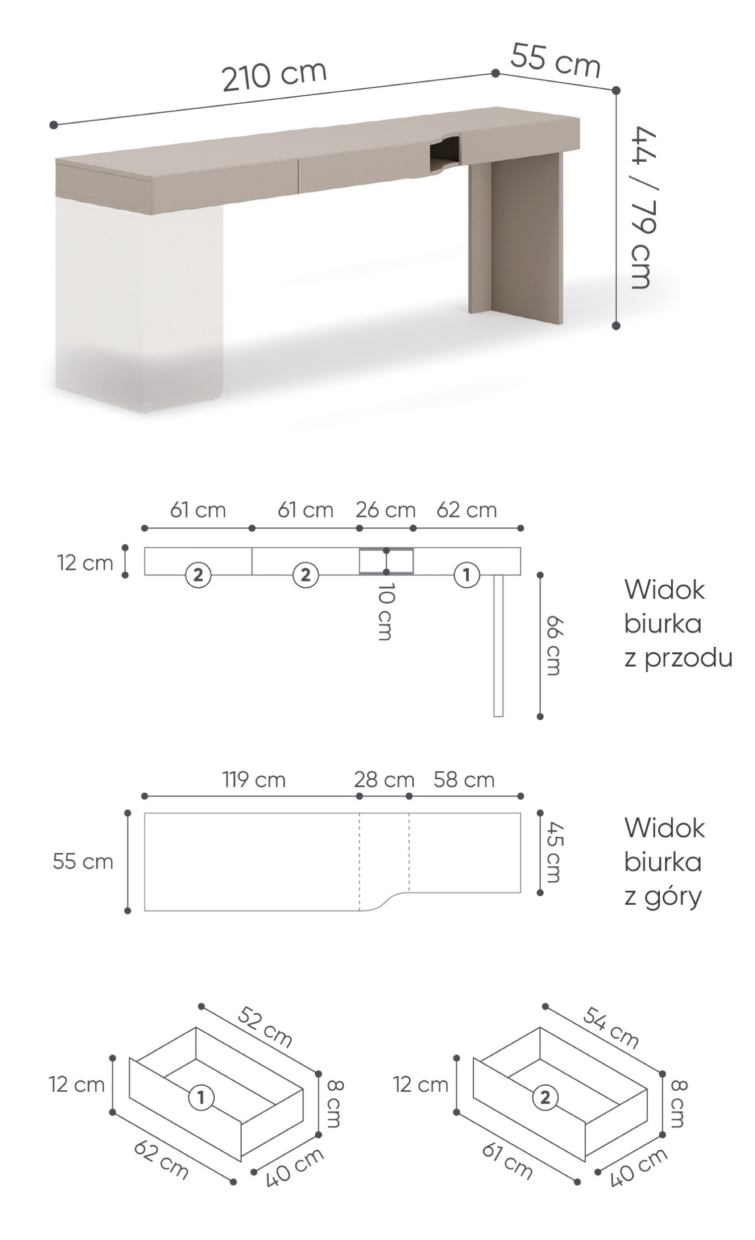 Biurko młodzieżowe lewe Woow z trzema szufladami i wnęką 210 cm szampański/clay grey