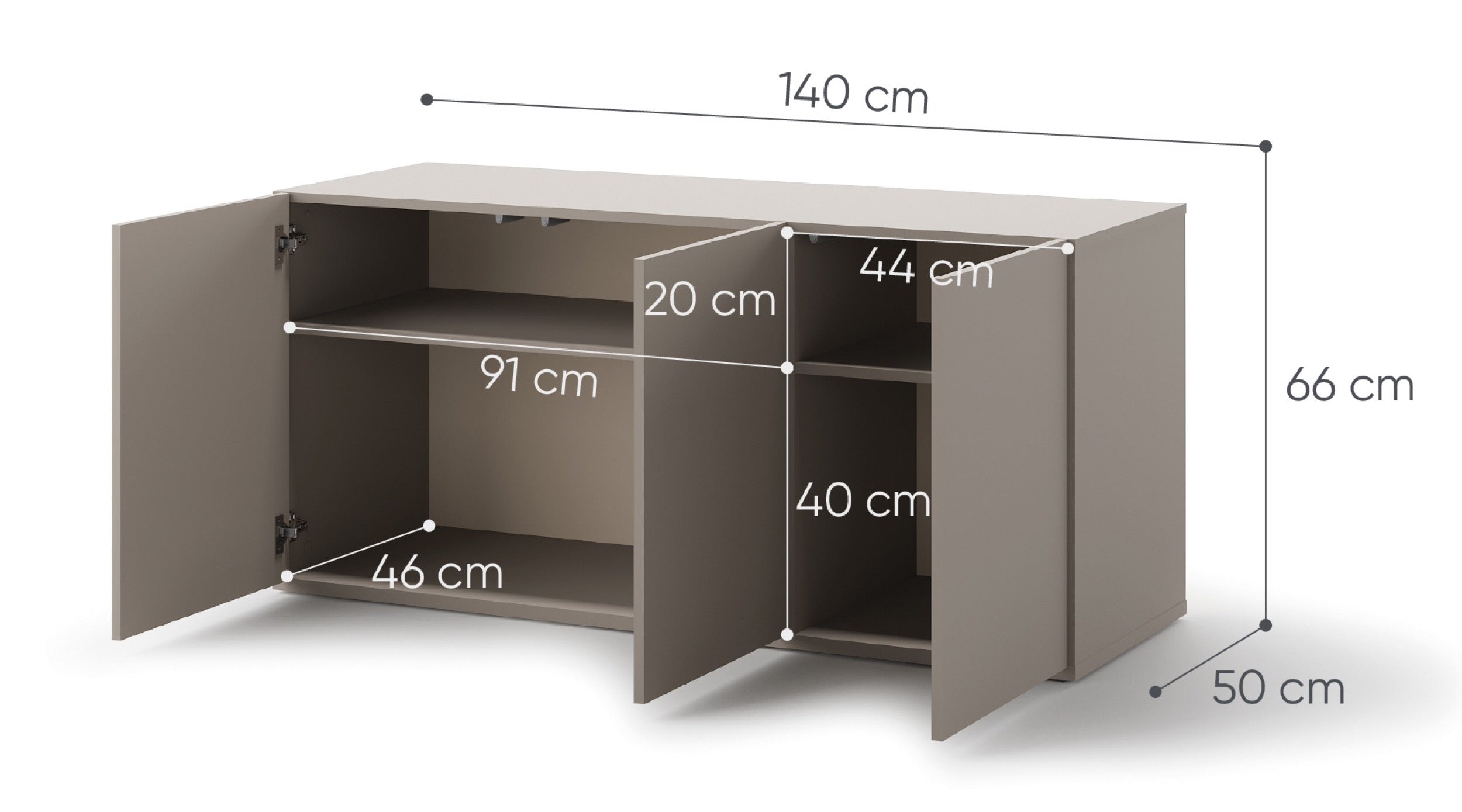 Komoda młodzieżowa trzydrzwiowa Woow z półkami 140 cm clay grey