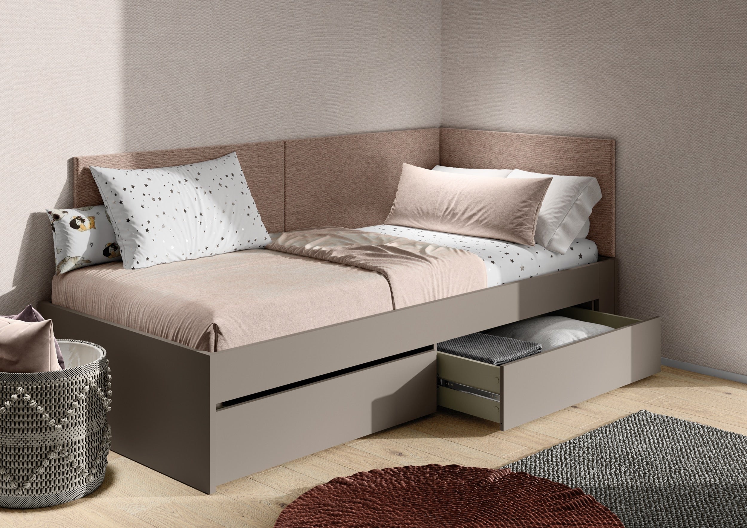 Łóżko młodzieżowe rozsuwane Woow z dwiema szufladami 205-248 cm clay grey
