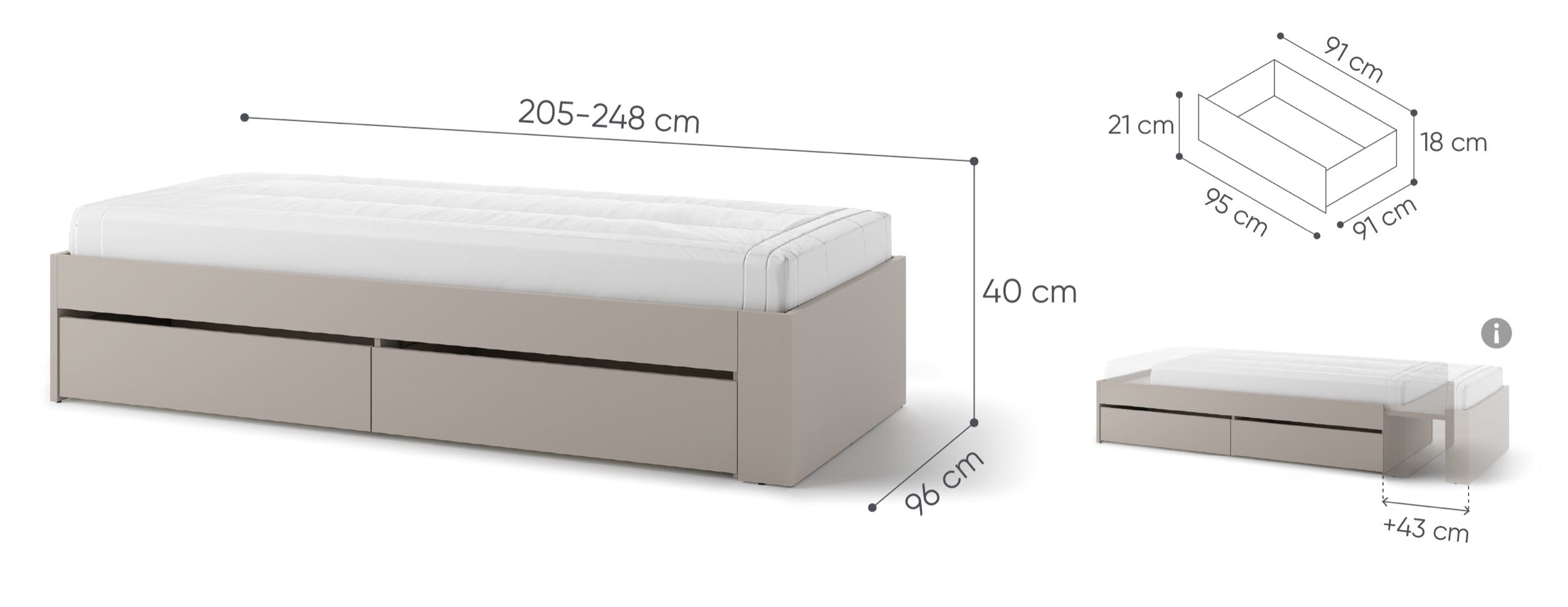 Łóżko młodzieżowe rozsuwane Woow z dwiema szufladami 205-248 cm clay grey
