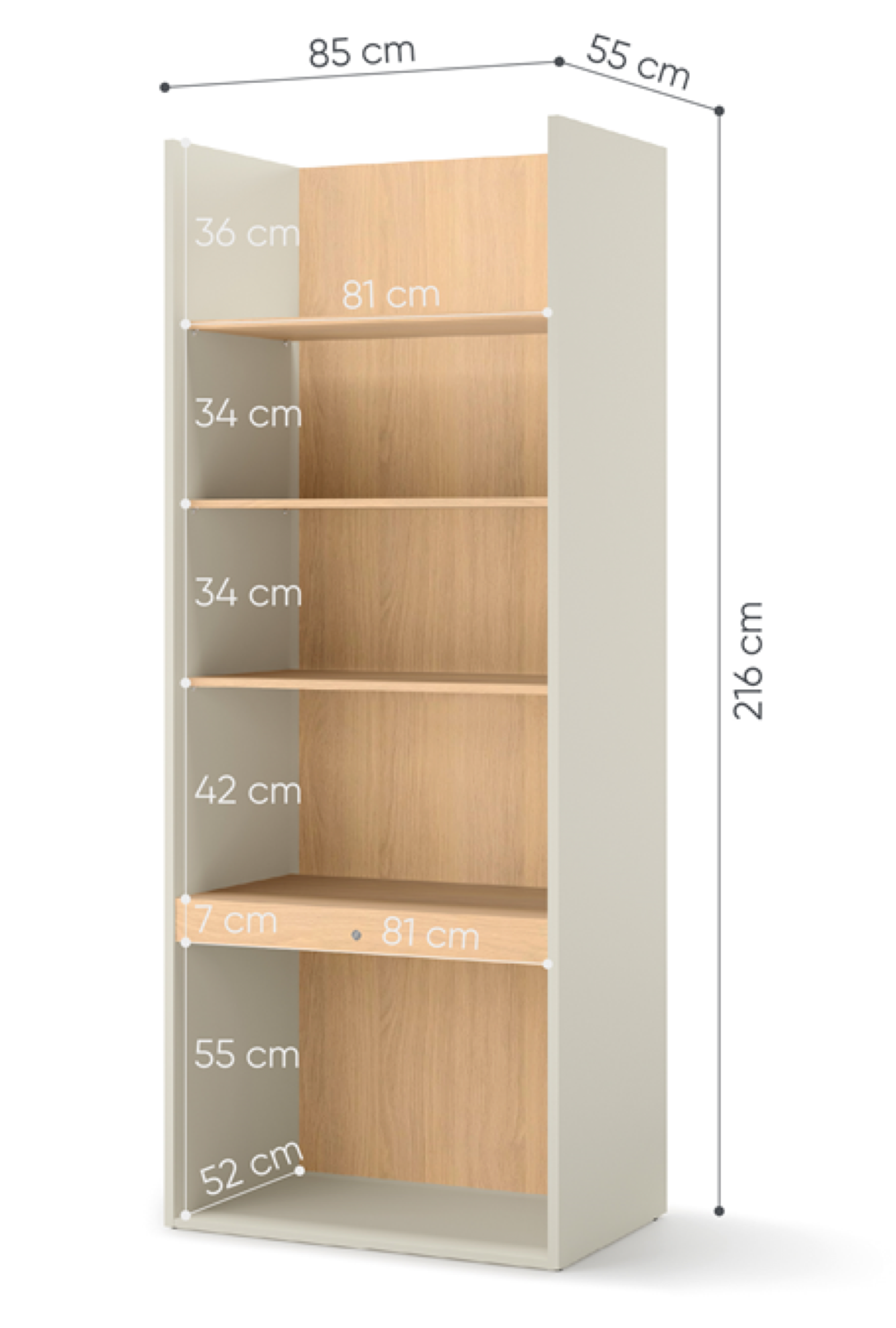 Regał młodzieżowy szeroki Woow z pięcioma półkami i oświetleniem 85 cm szampański/dąb vincenza bielona