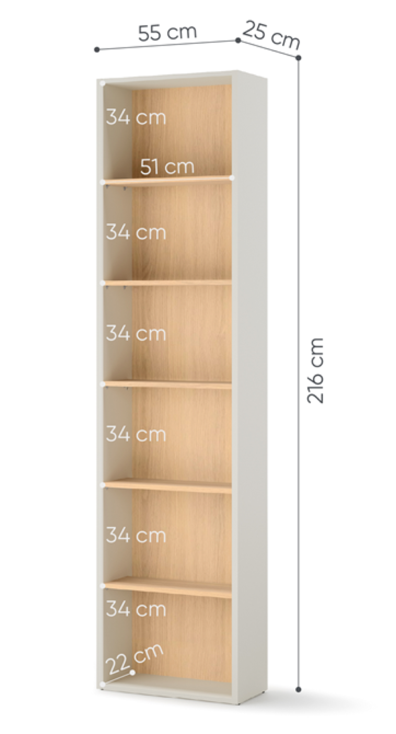 Regał młodzieżowy wąski Woow z sześcioma półkami i oświetleniem 55 cm szampański/dąb vincenza bielona