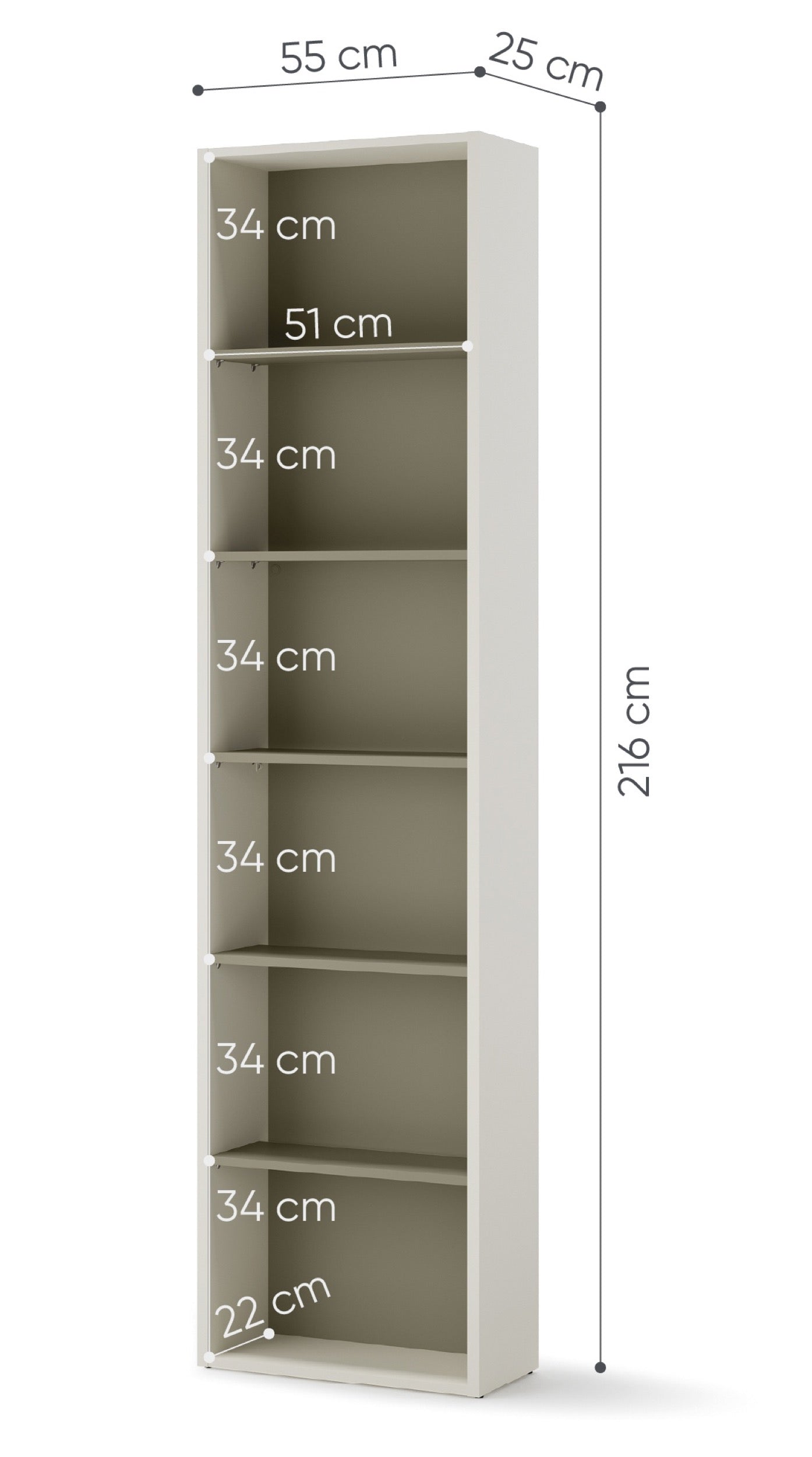 Regał młodzieżowy wąski Woow z sześcioma półkami i oświetleniem 55 cm szampański/eukaliptus