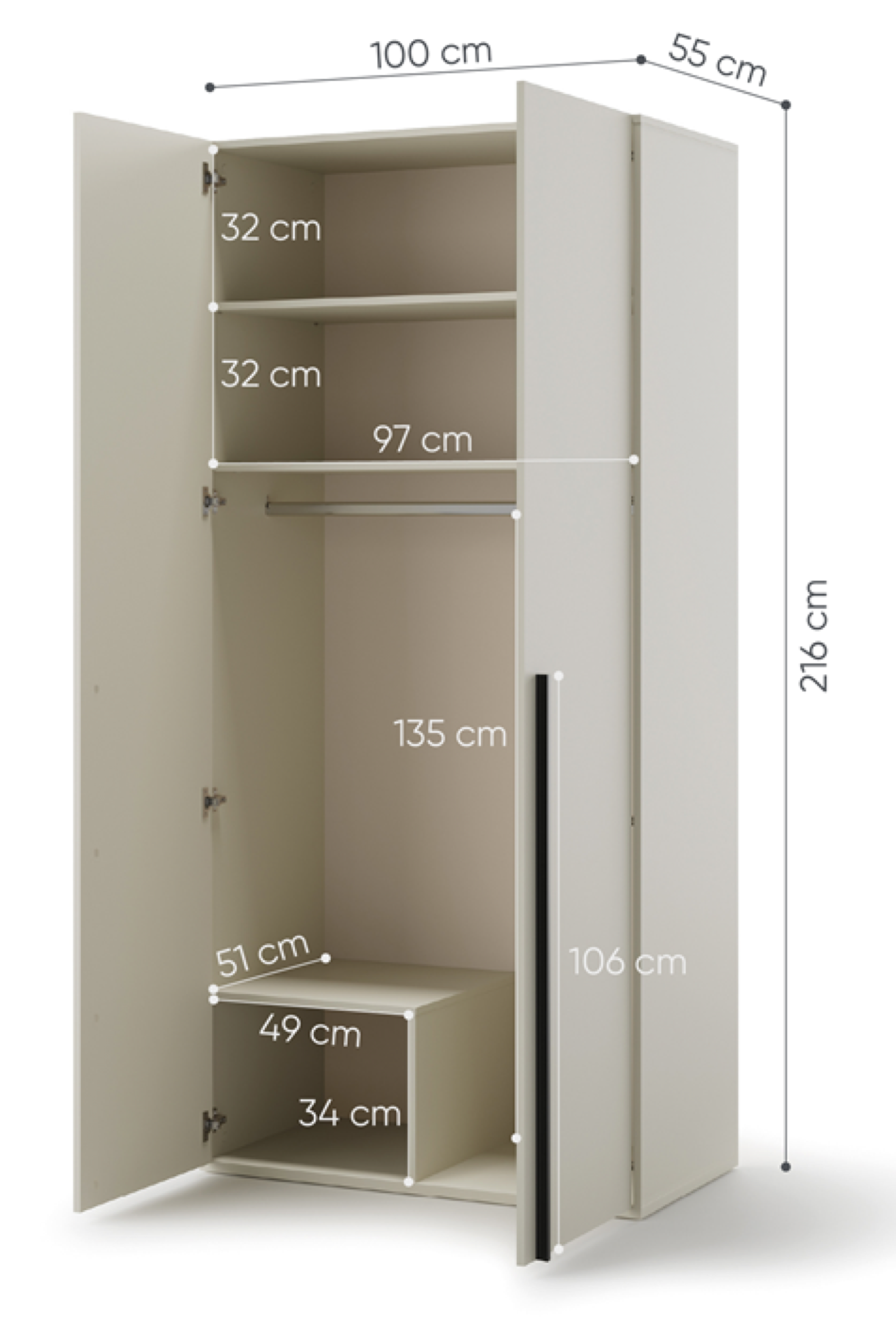 Szafa młodzieżowa dwudrzwiowa Woow z drążkiem i półkami 100 cm szampański