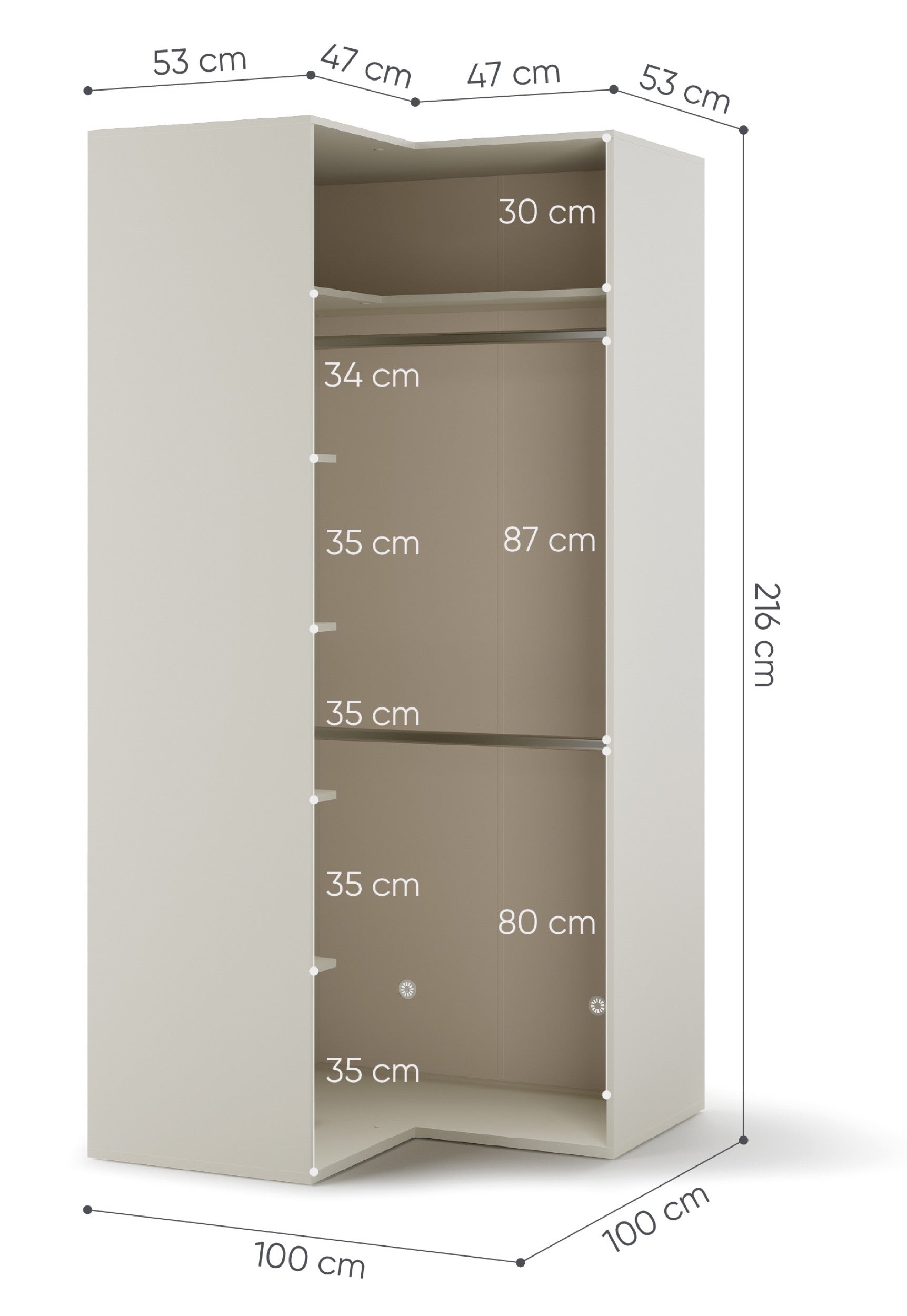 Szafa młodzieżowa narożna Woow z dwoma drążkami i półkami 100 cm szampański