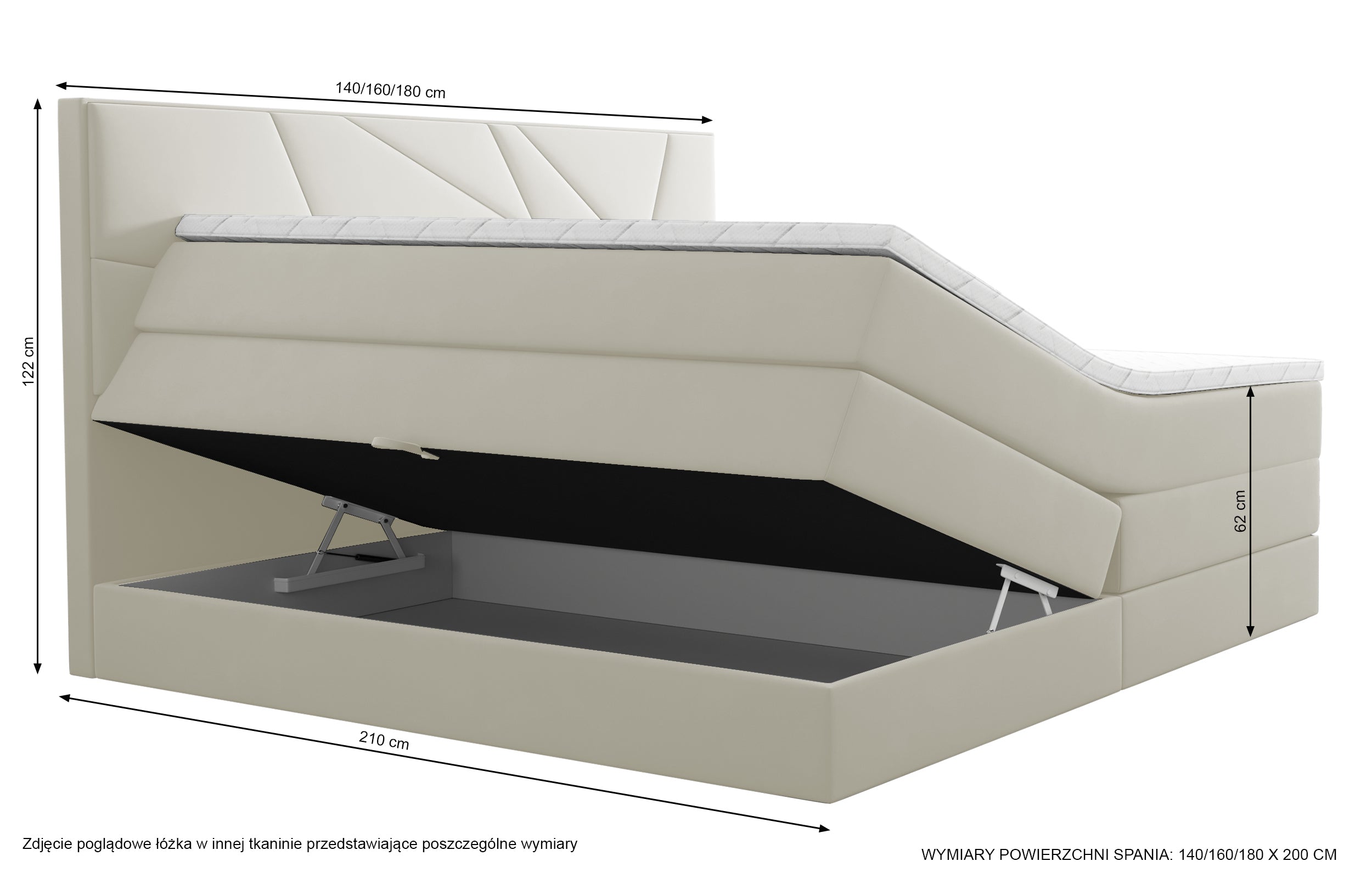 Łóżko kontynentalne 180x200 cm Vendes z pojemnikami materacami bonnellowymi i kieszeniowym kremowe welur hydrofobowy