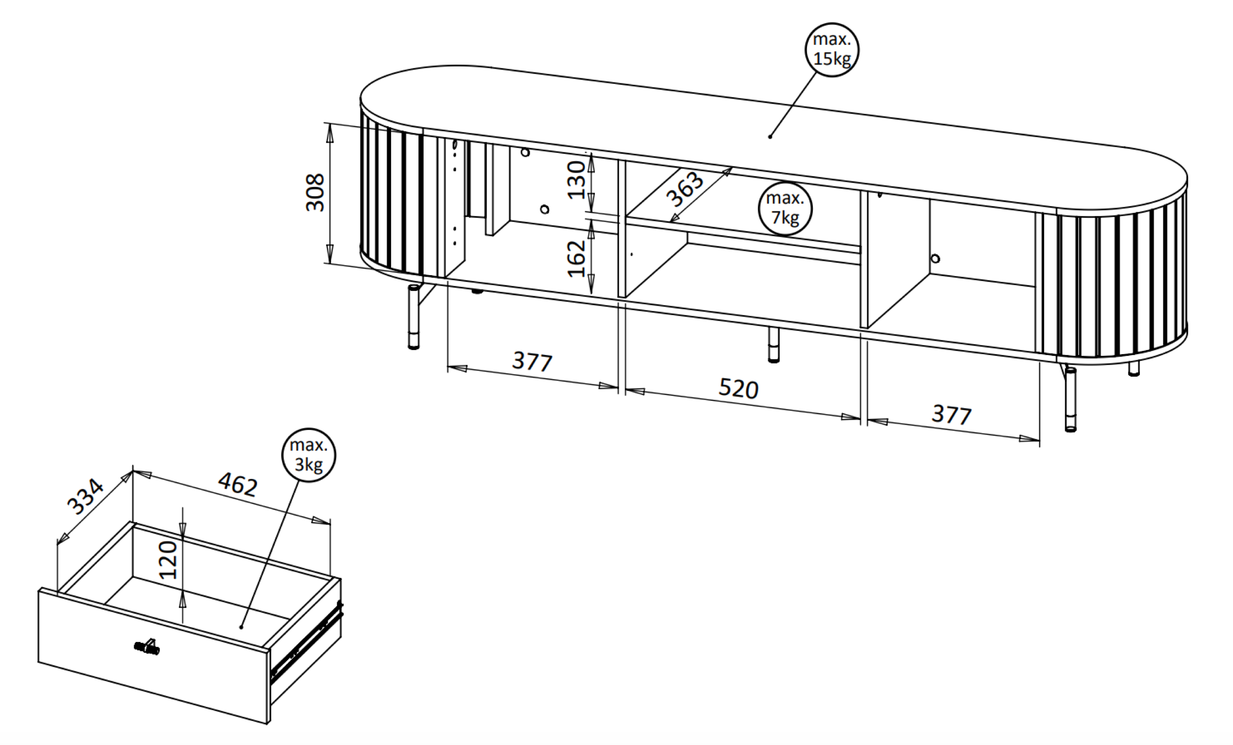 Szafka RTV dwudrzwiowa Zante z ryflami i szufladą 180 cm szary beż