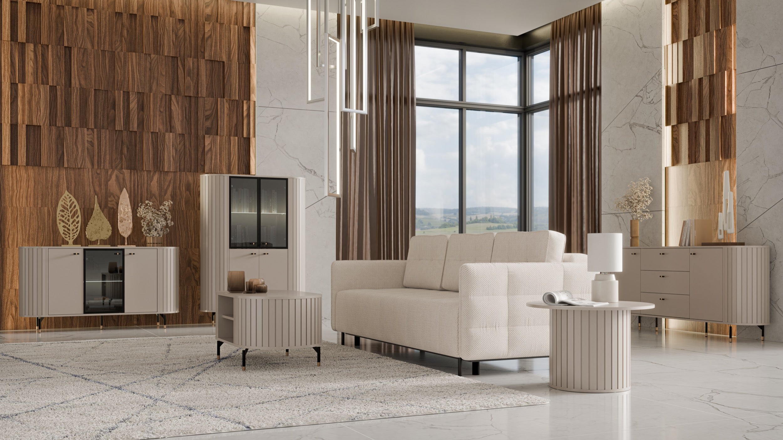 Stolik kawowy Zante z ryflami okrągły 70 cm szary beż