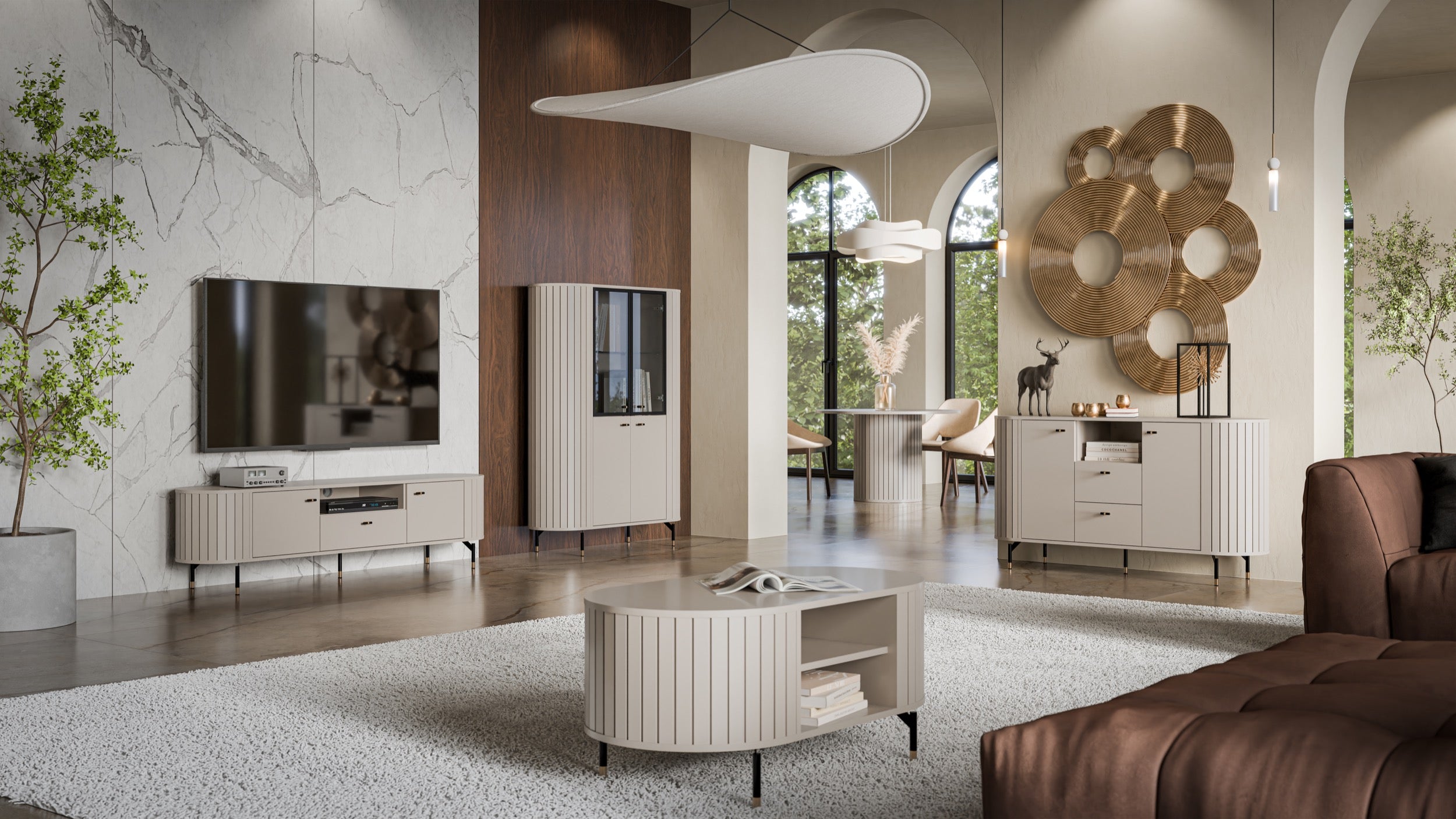 Szafka RTV dwudrzwiowa Zante z ryflami i szufladą 180 cm szary beż