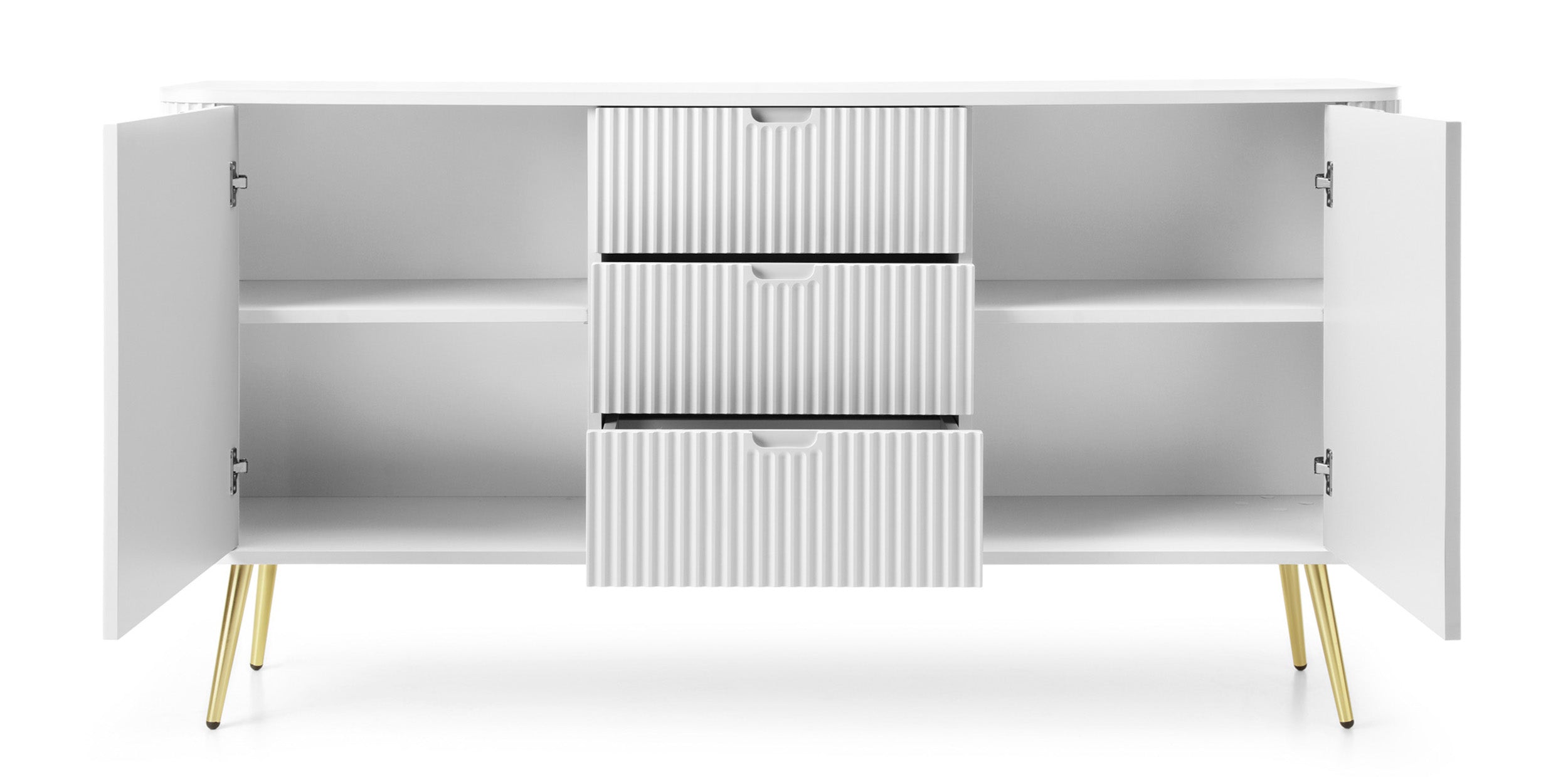 Komoda dwudrzwiowa Zova z trzema szufladami i lamelowymi frontami 168 cm Biała ze złotymi nogami