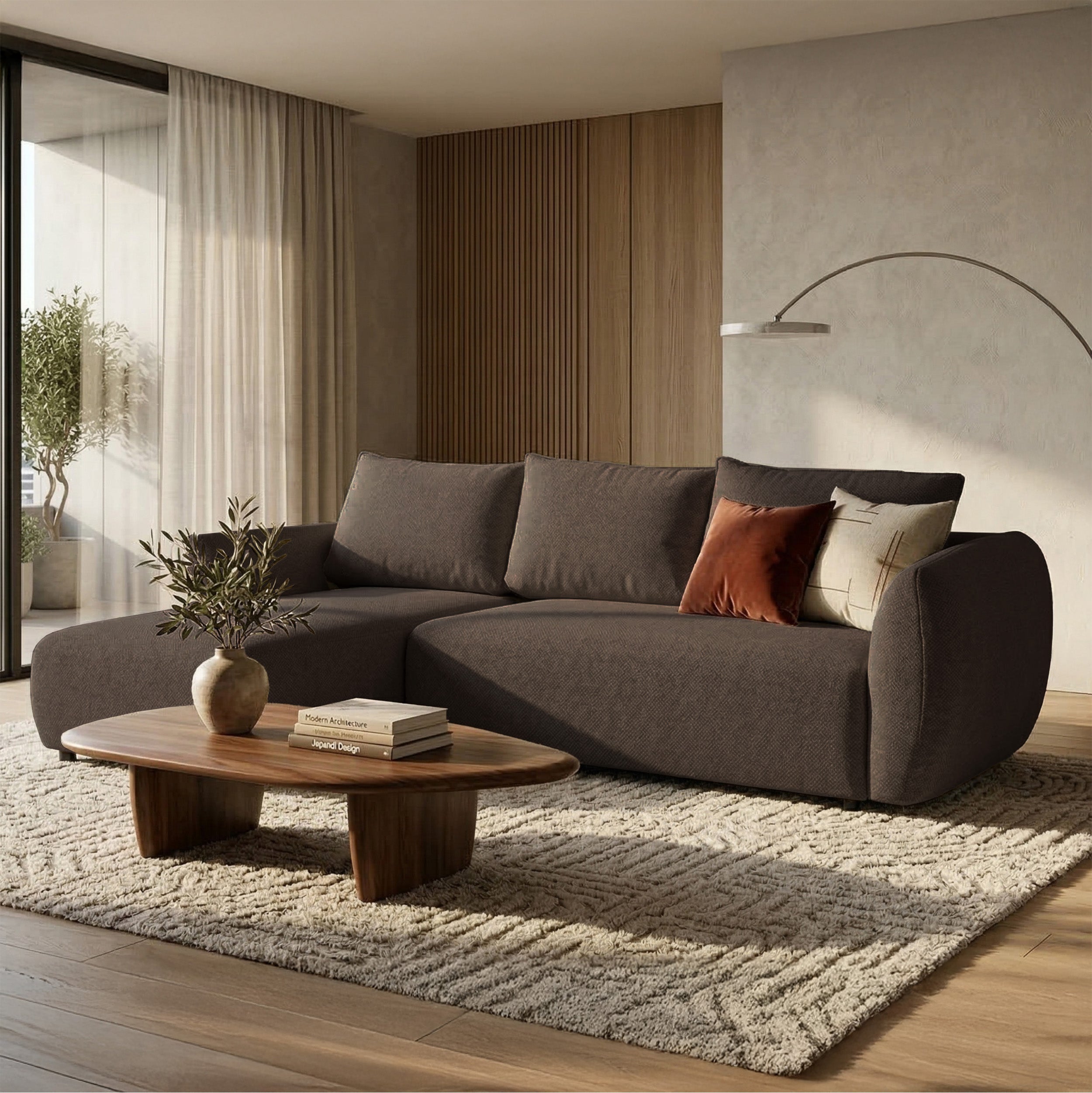 Narożnik z funkcją spania Zordo L-kształtny lewostronny z dwoma pojemnikami brązowy szenil