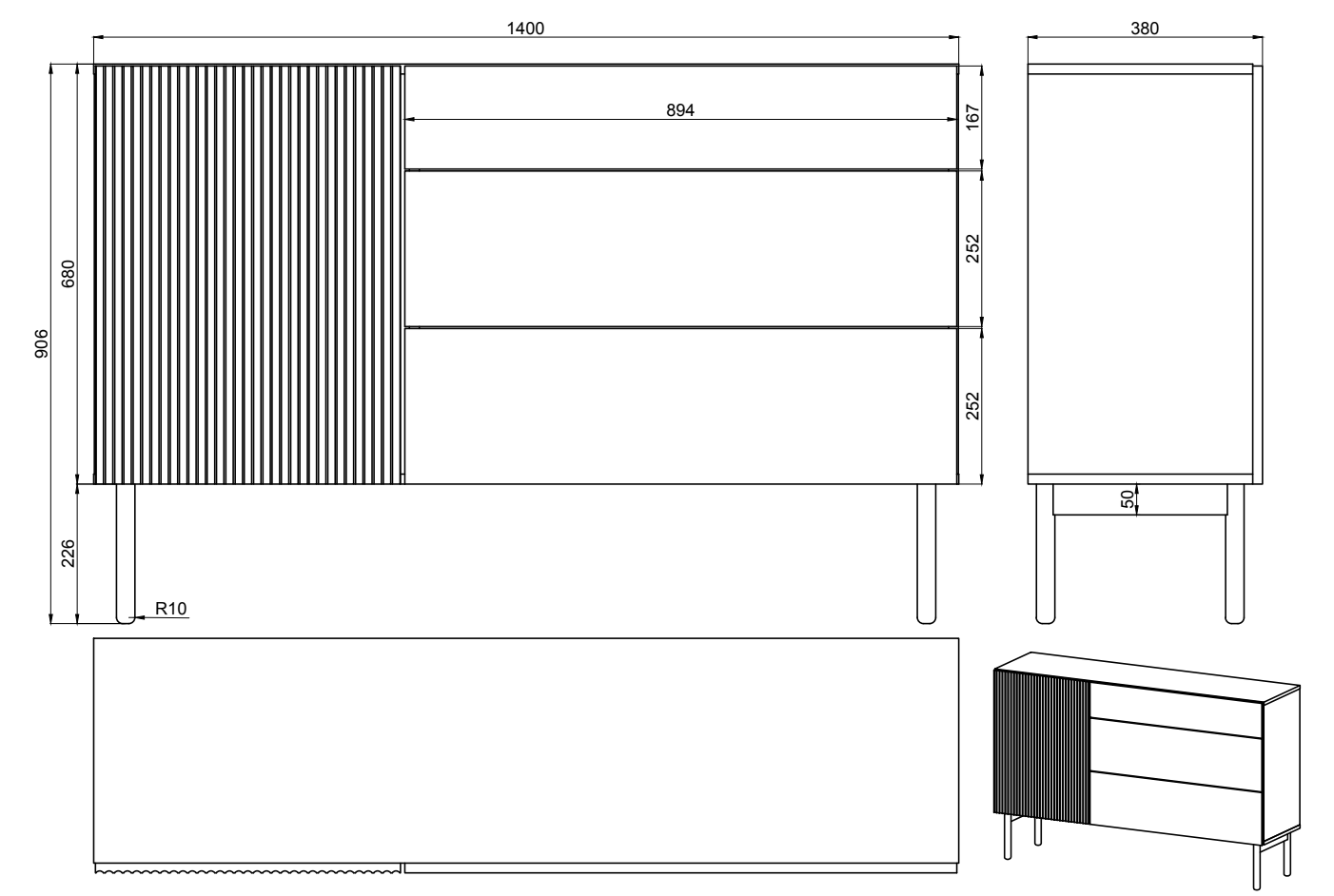 Komoda jednodrzwiowa Nolie z trzema szufladami 140 cm Jesion Portland Czarny