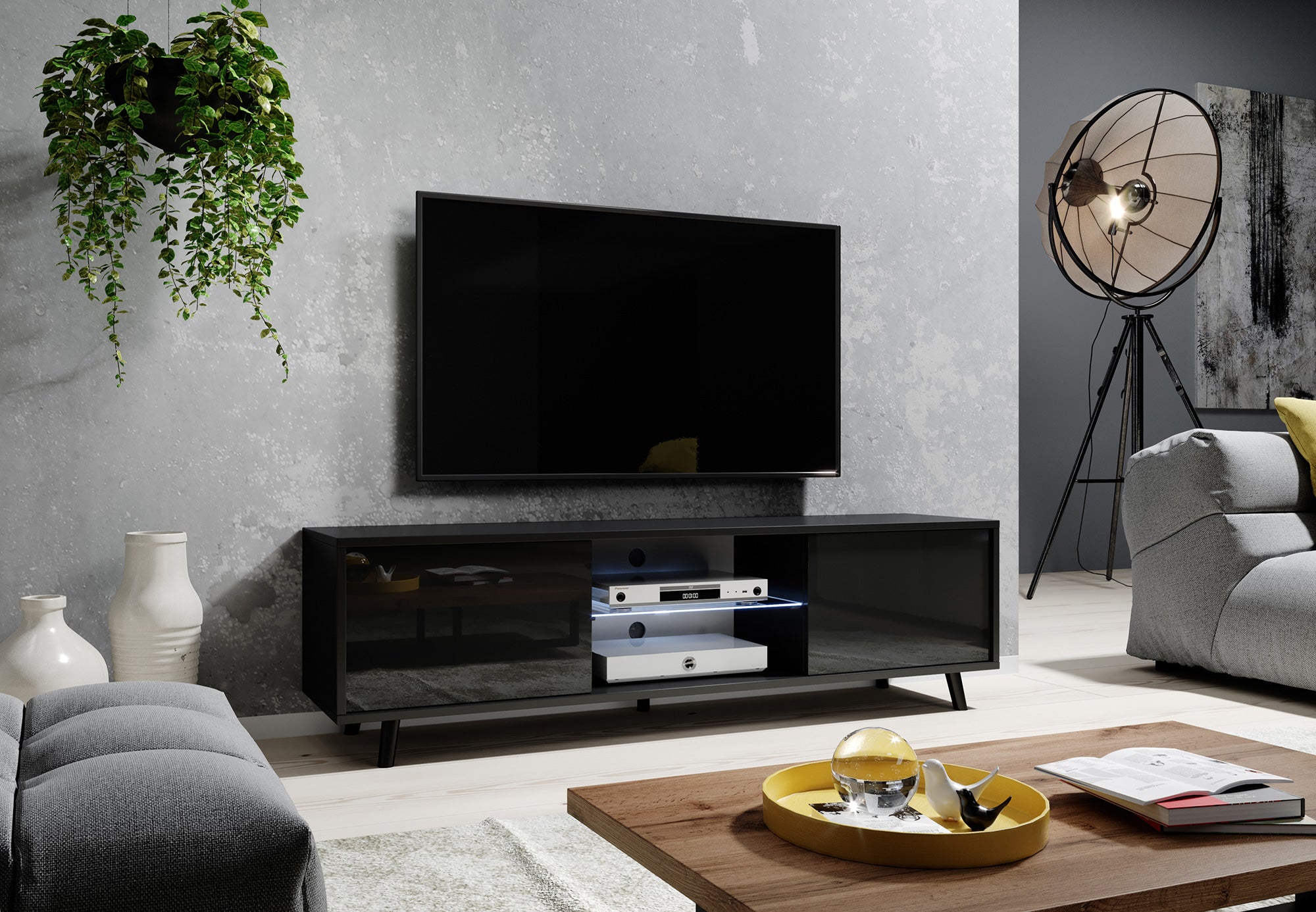 Szafka RTV Lefyr 140 cm Czarny mat / Czarny połysk