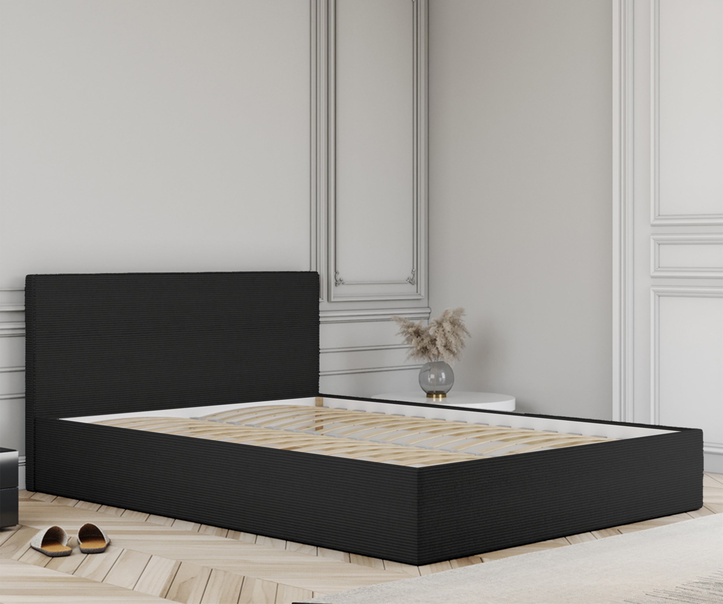 Łóżko tapicerowane 120x200 cm Campile z pojemnikiem czarne sztruks