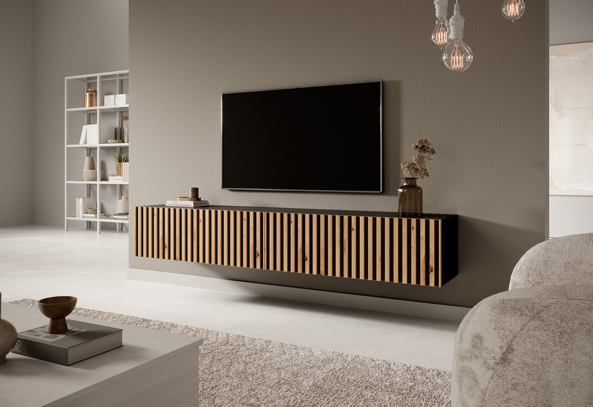 Szafka RTV Telire 175 cm czarna z lamelowym frontem dąb artisan
