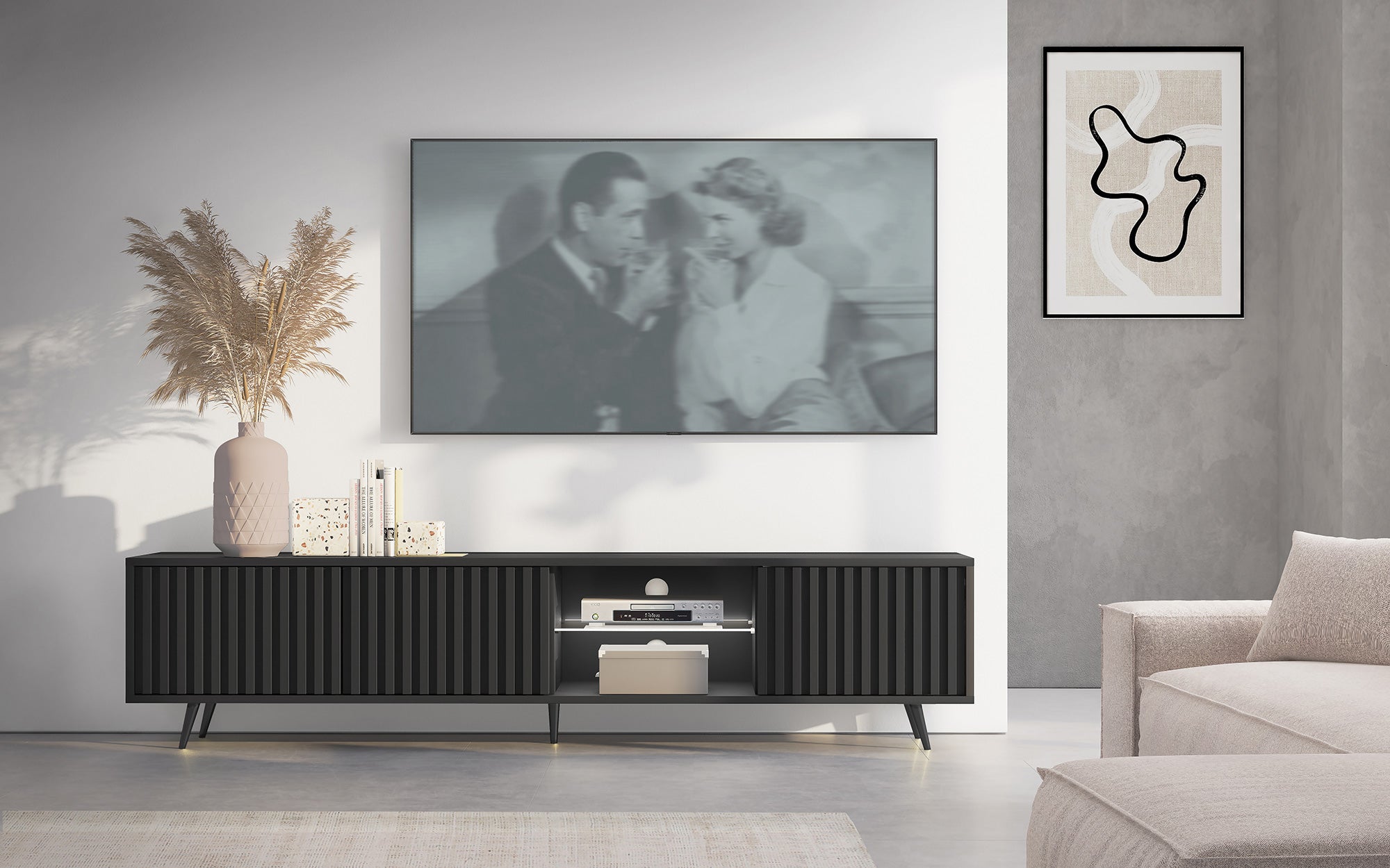 Szafka RTV Bello z lamelowymi frontami 175 cm czarna z led z czarnymi nogami