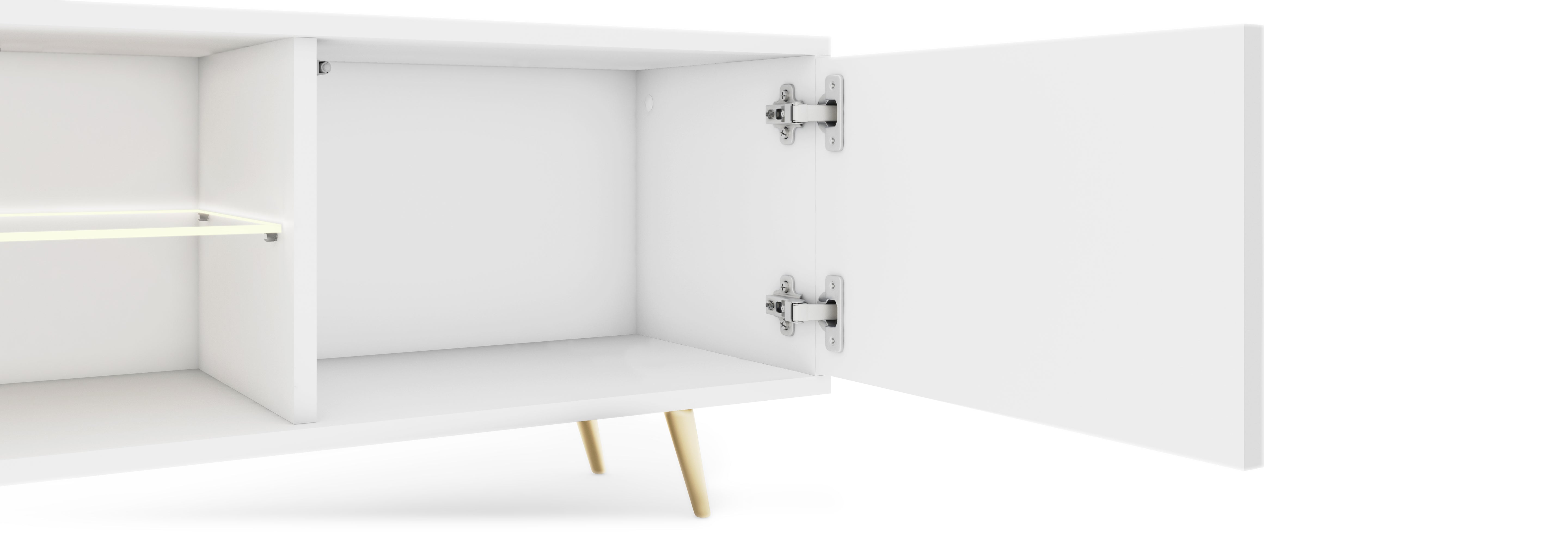 Szafka RTV Bello z lamelowymi frontami 175 cm biała z led ze złotymi nogami