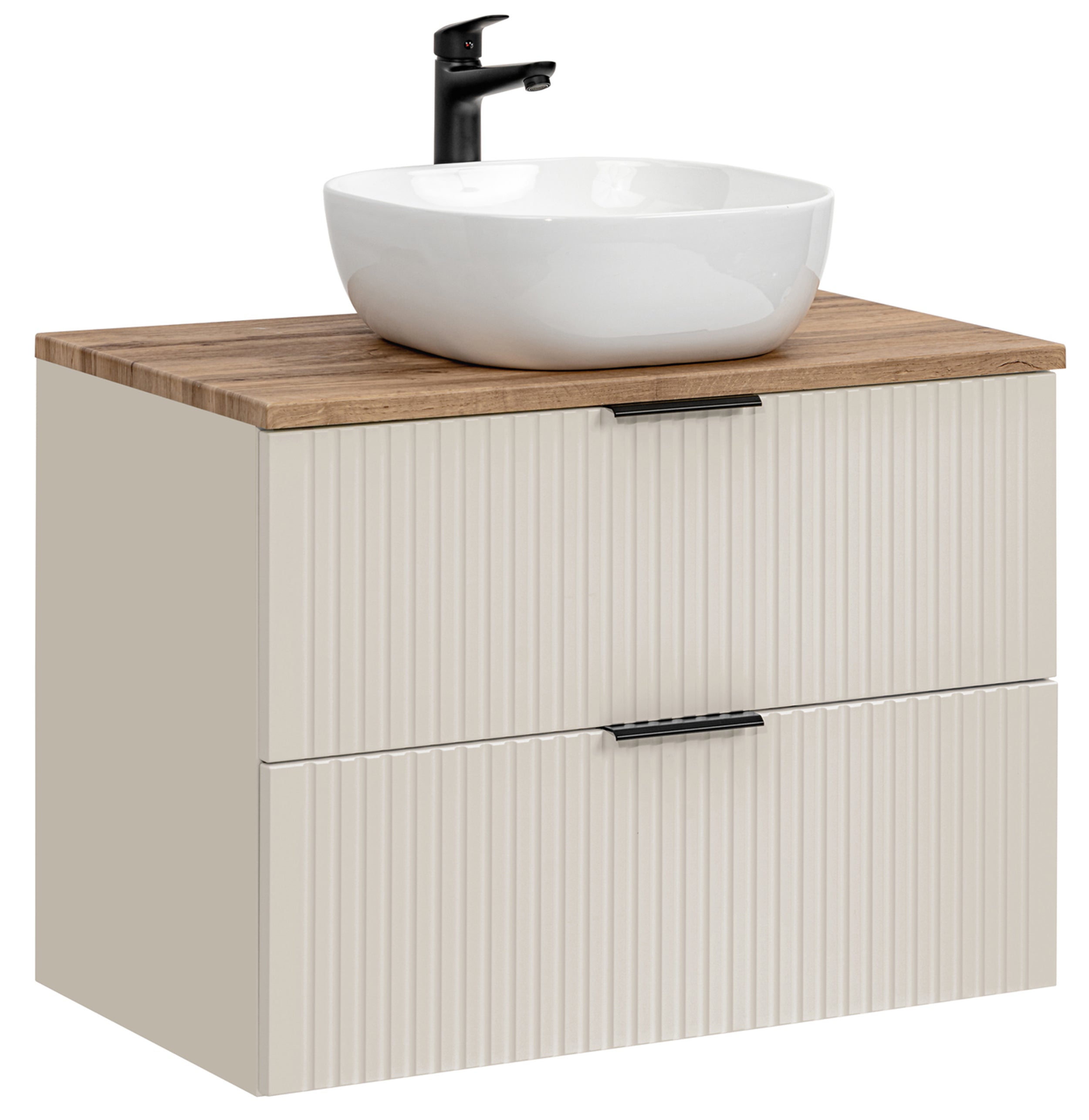Szafka łazienkowa dwuszufladowa Temirni z blatem i umywalką nablatową 80 cm beżowa/dąb wotan