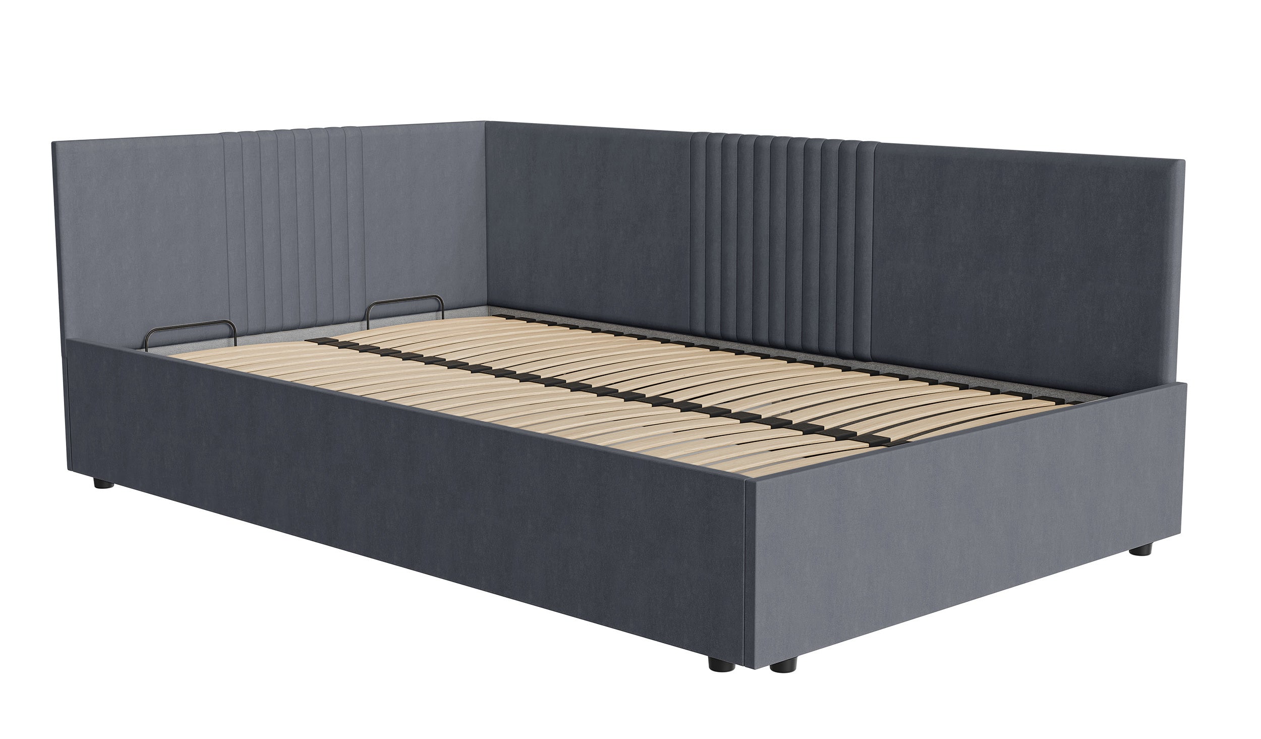 Łóżko młodzieżowe 120x200 cm Novede uniwersalne z pojemnikiem stelaż metalowy ciemnoszare welur łatwoczyszczący