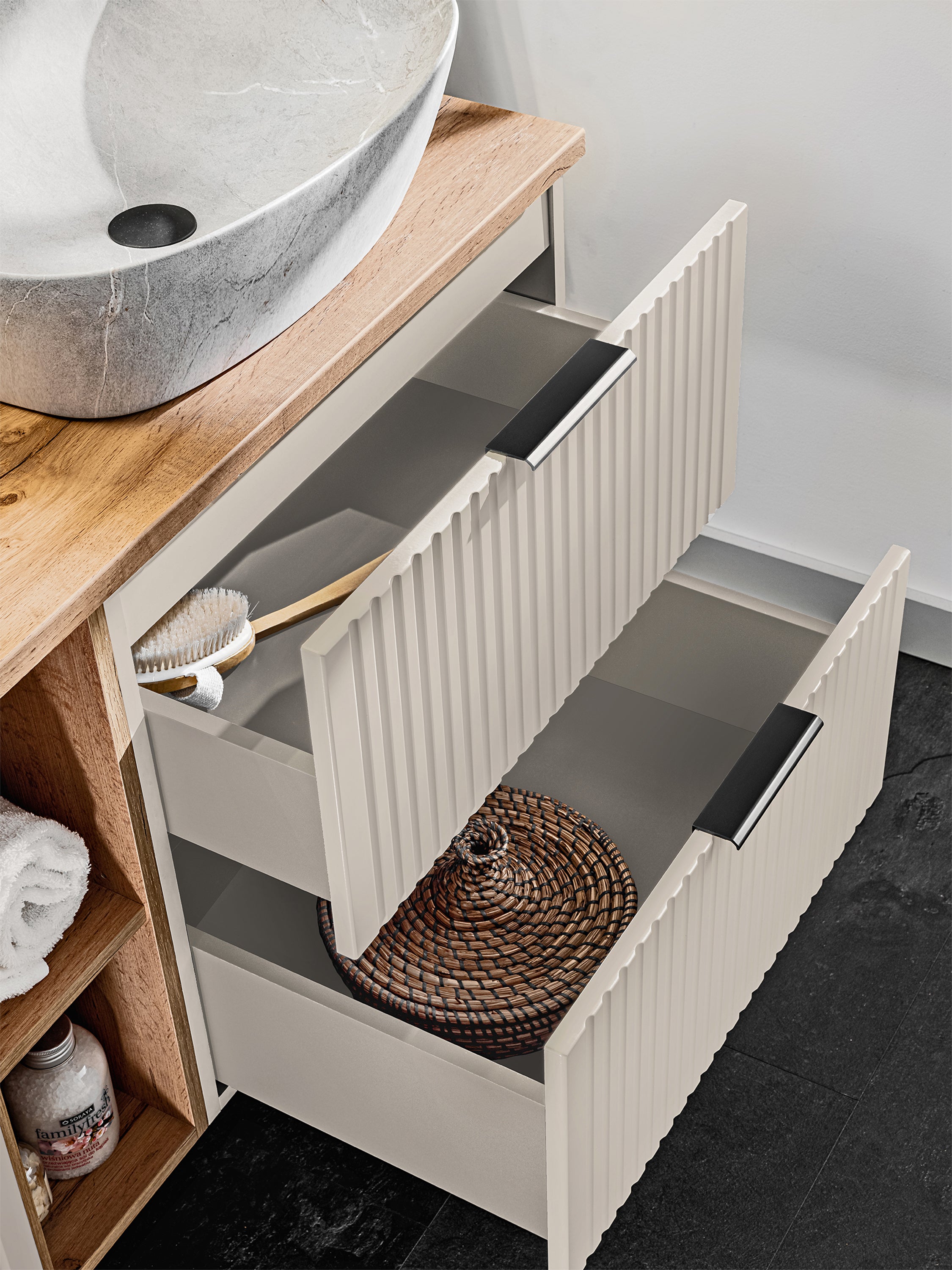 Szafka łazienkowa dwuszufladowa Temirni z blatem i umywalką nablatową 80 cm beżowa/dąb wotan