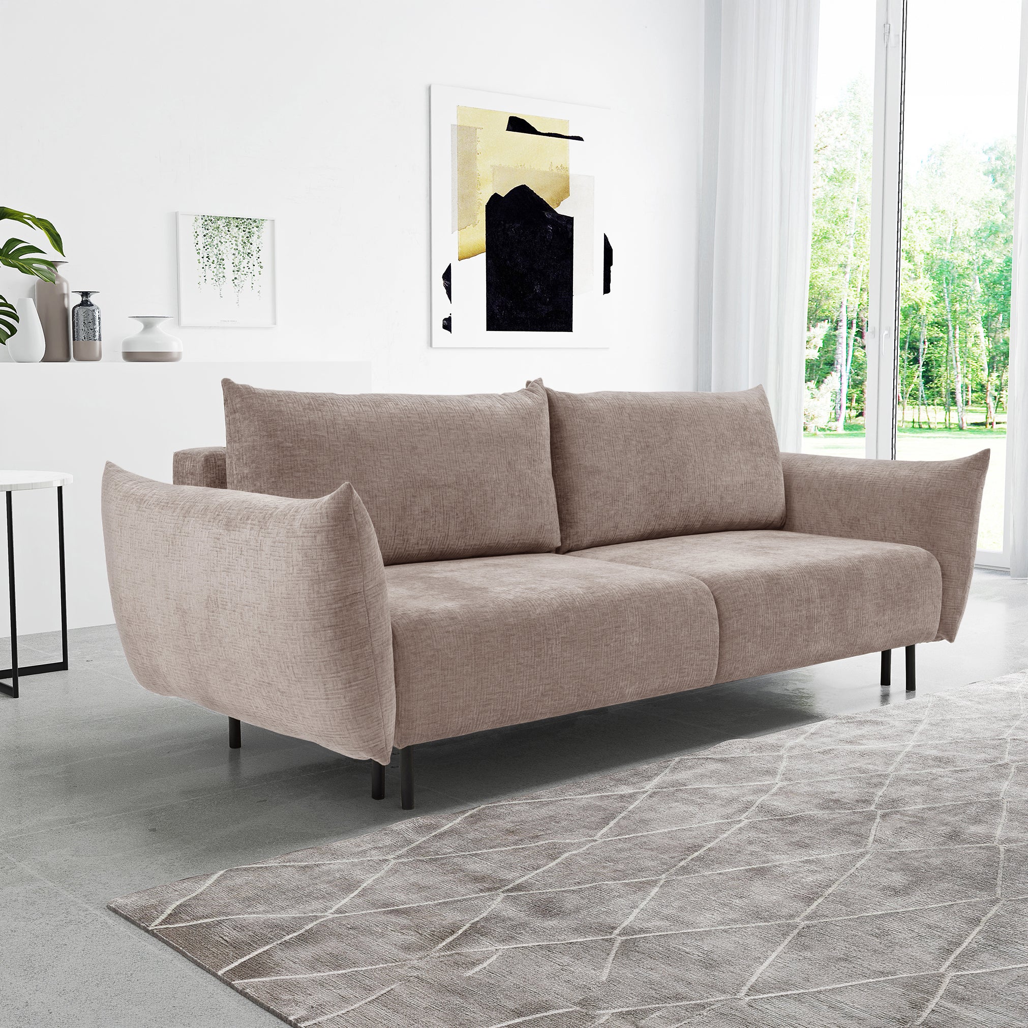 Kanapa rozkładana trzyosobowa Candeiro z pojemnikiem beżowa szenil