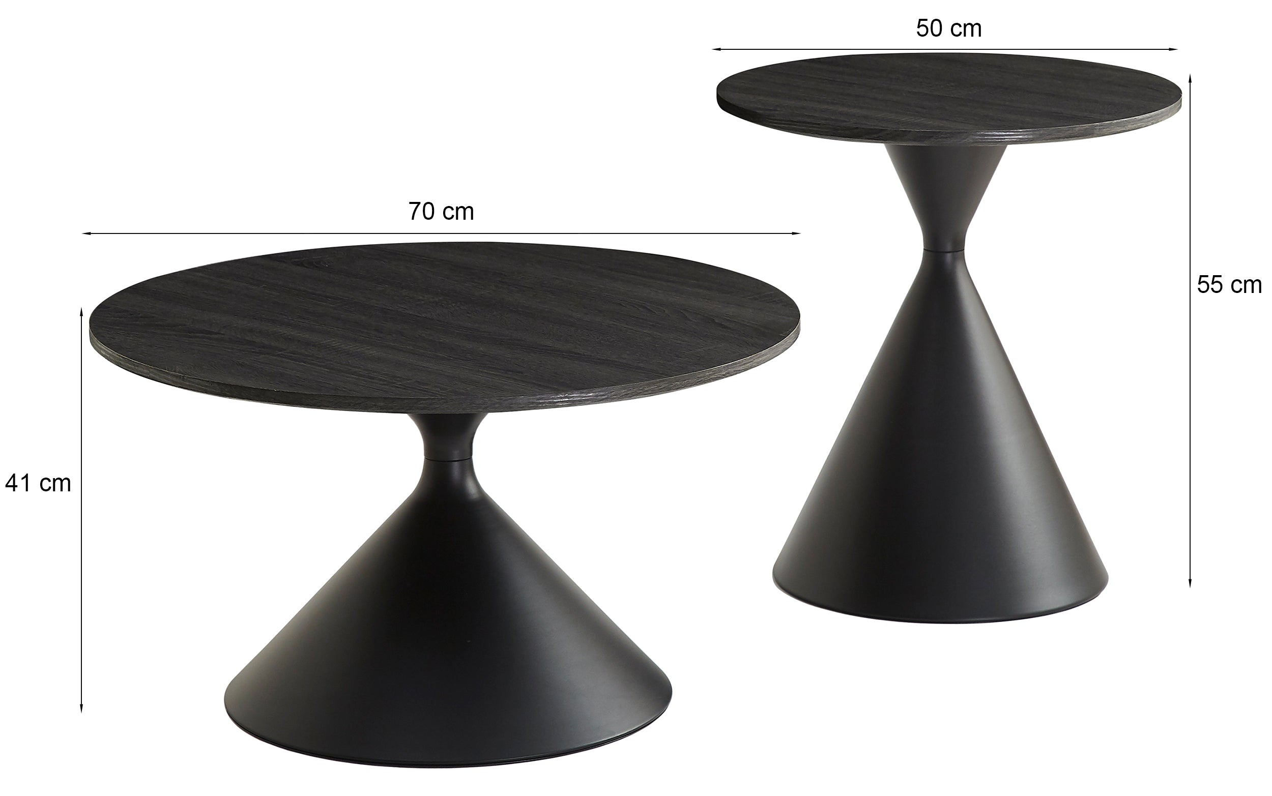 Zestaw stolików kawowych Adrize okrągłe 50 i 70 cm fornir czarny z metalową podstawą