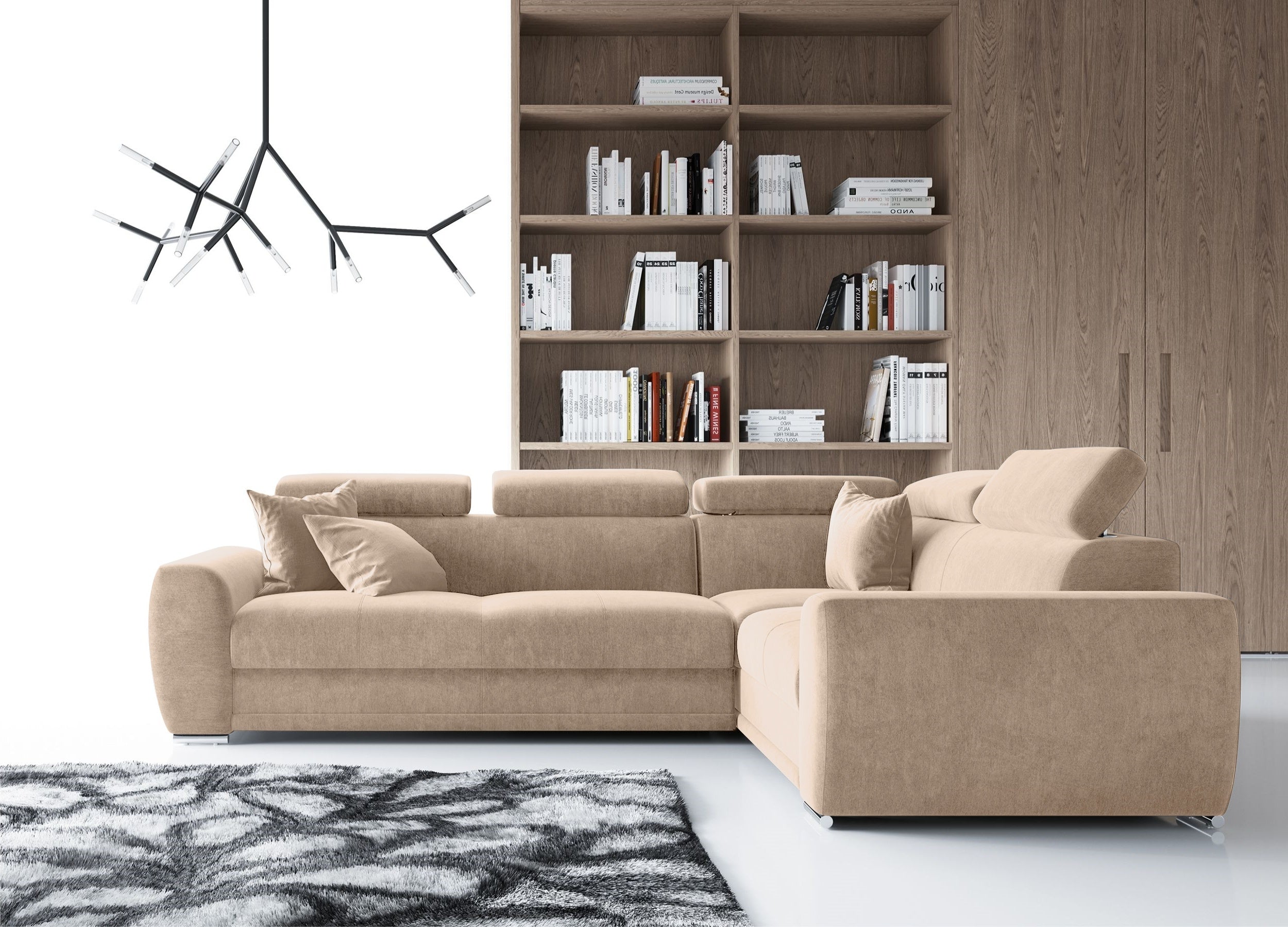 Narożnik z funkcją spania Danles L-kształtny z pięcioma regulowanymi zagłówkami i pojemnikiem beżowy welur hydrofobowy prawostronny