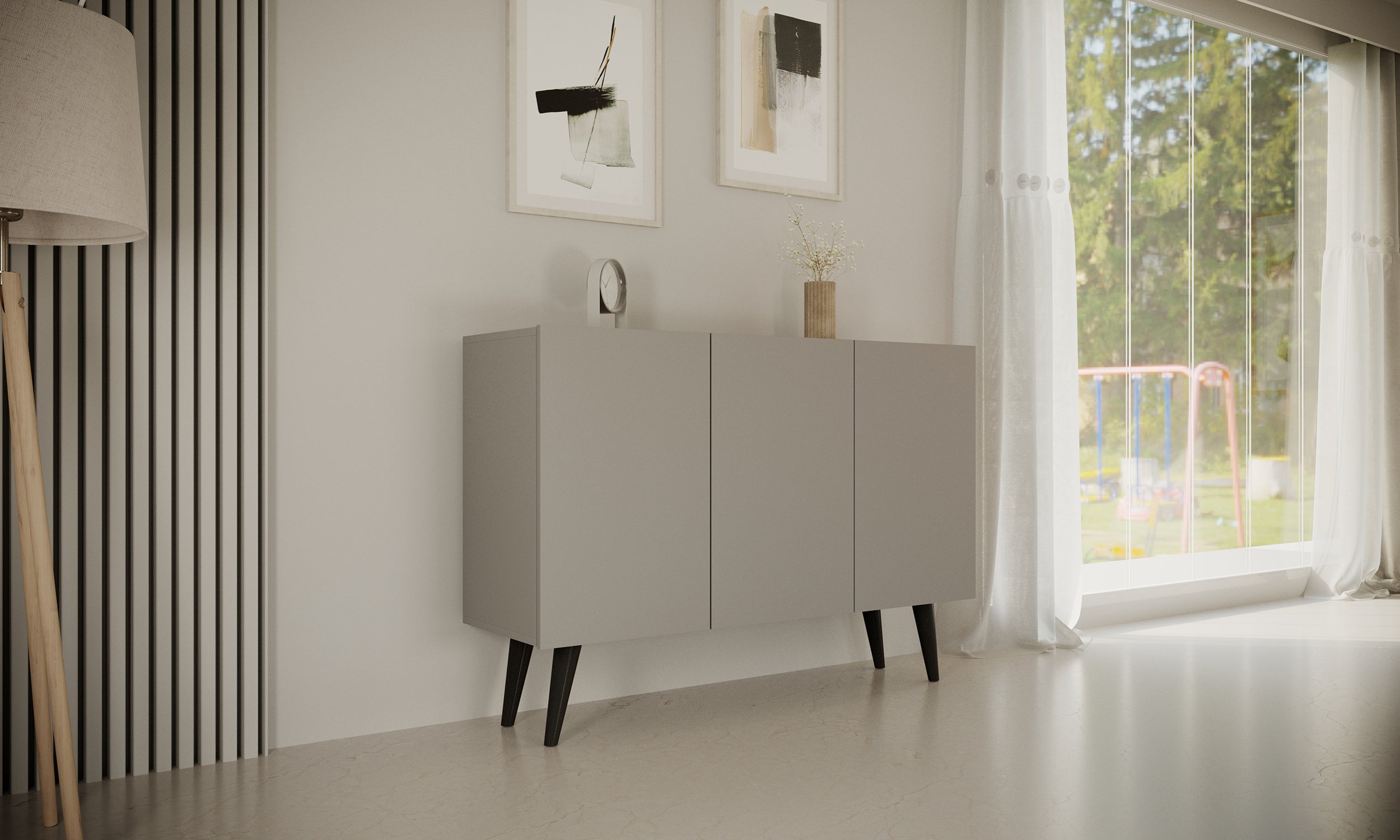 Komoda trzydrzwiowa Damally 120 cm szara z czarnymi nogami
