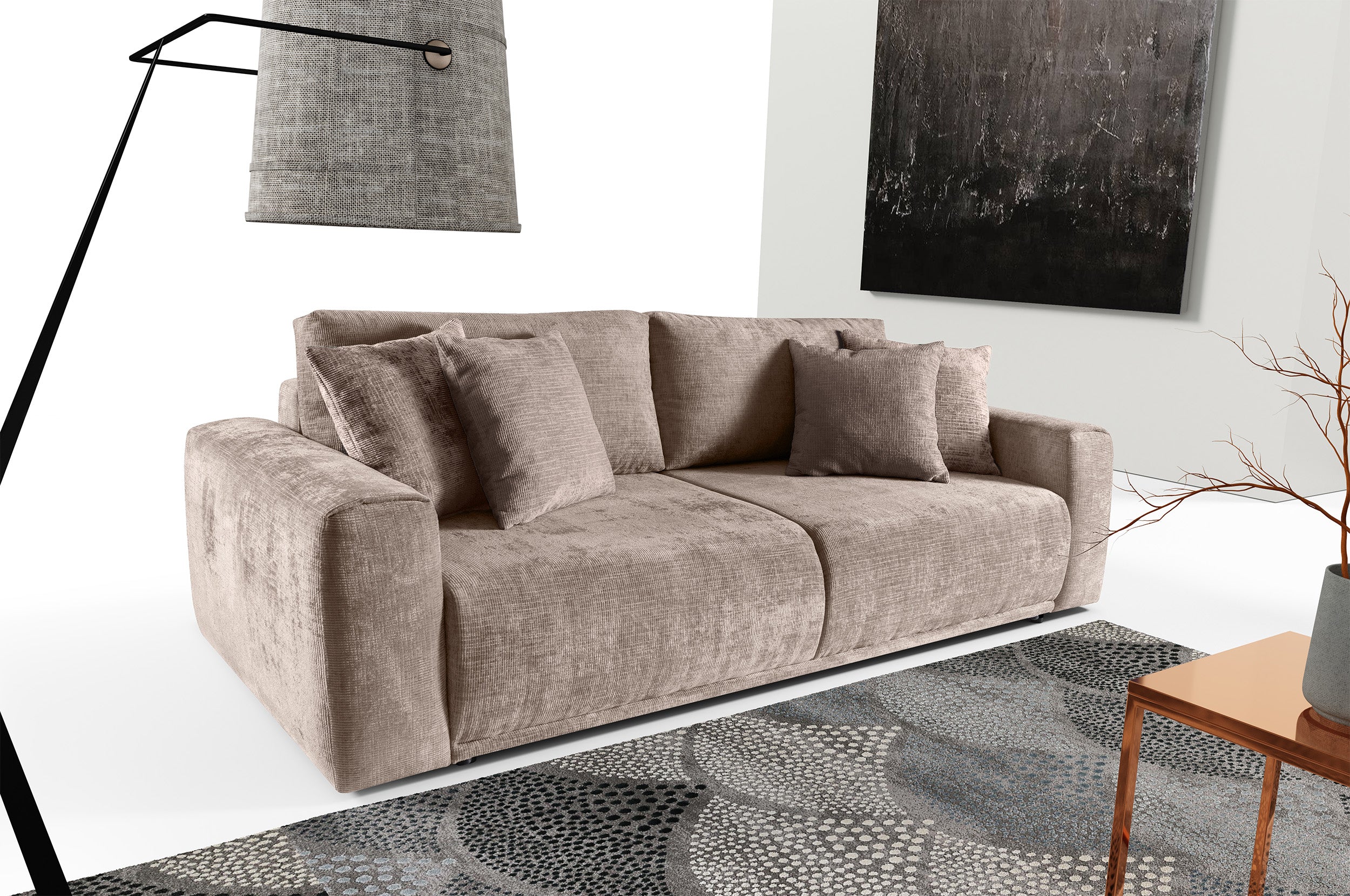 Kanapa rozkładana trzyosobowa Alcamo z pojemnikiem ciemnobeżowa szenil