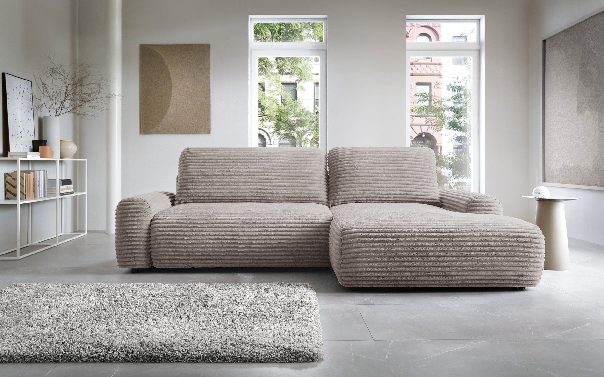 Narożnik z funkcją spania Alferia L-kształtny z pojemnikiem szarobeżowy sztruks prawostronny