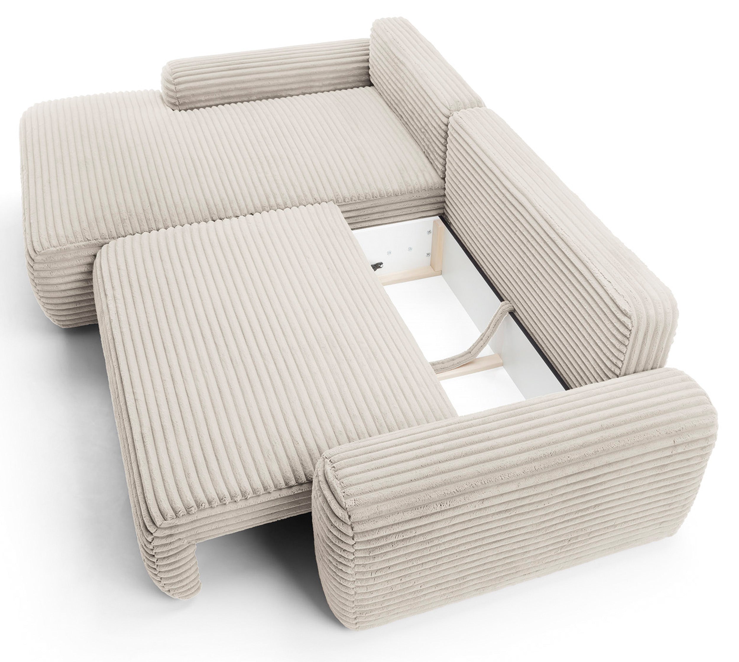 Narożnik z funkcją spania Alferia L-kształtny z pojemnikiem kremowy sztruks lewostronny