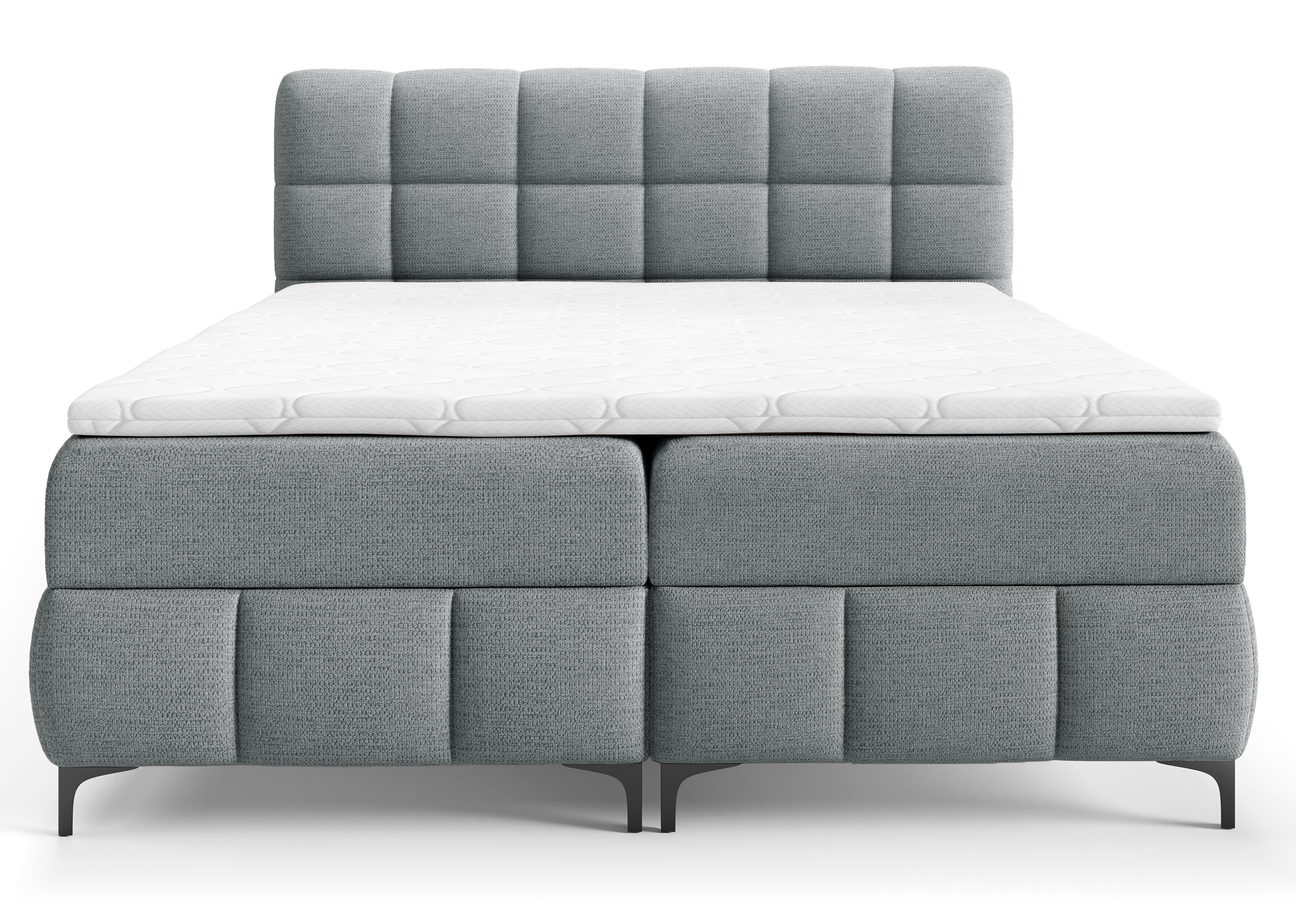 Łóżko kontynentalne 180x200 cm Almagri z dwoma pojemnikami i topperem szare szenil hydrofobowy