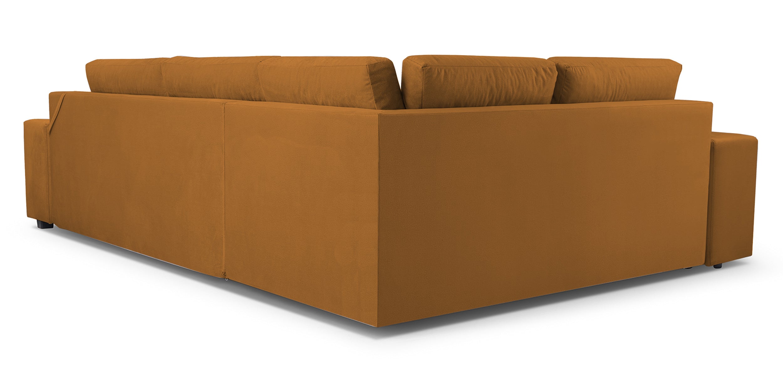 Narożnik z funkcją spania Umill L-kształtny z pojemnikami z barkiem i pufą musztardowy welur hydrofobowy lewostronny