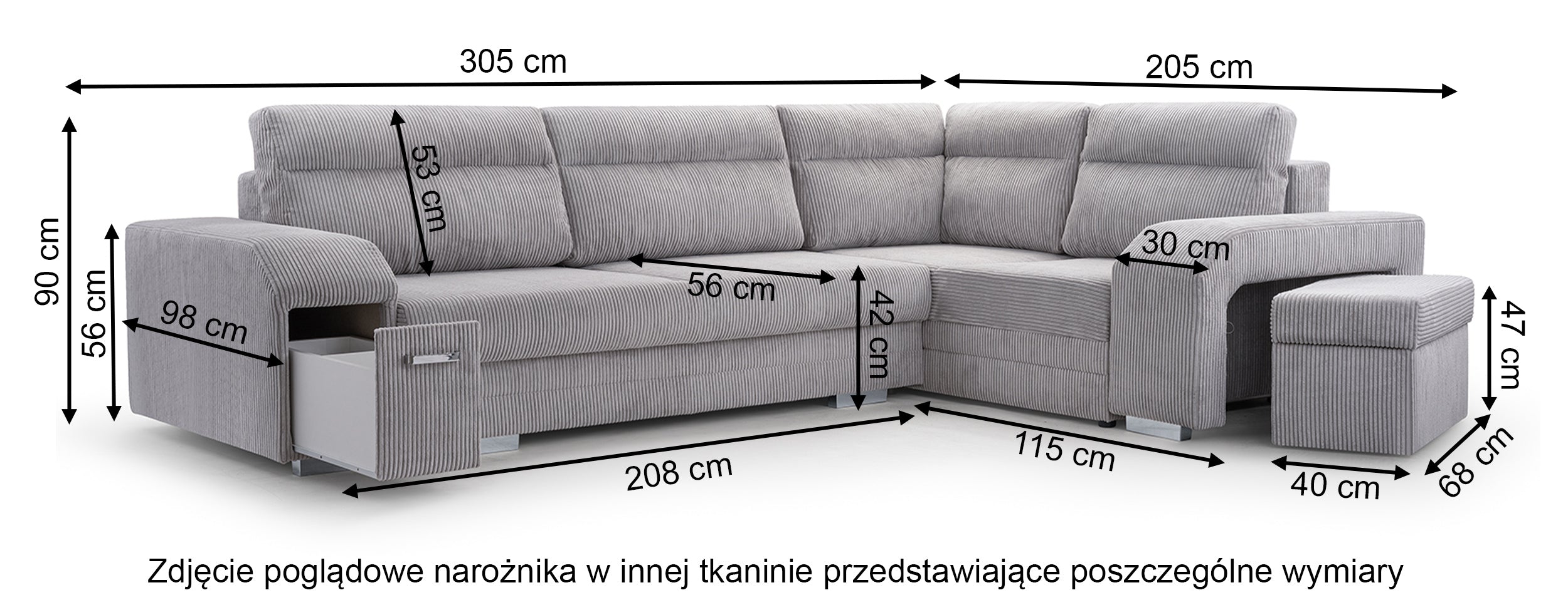 Narożnik z funkcją spania Umill L-kształtny z pojemnikami z barkiem i pufą oliwkowy sztruks prawostronny