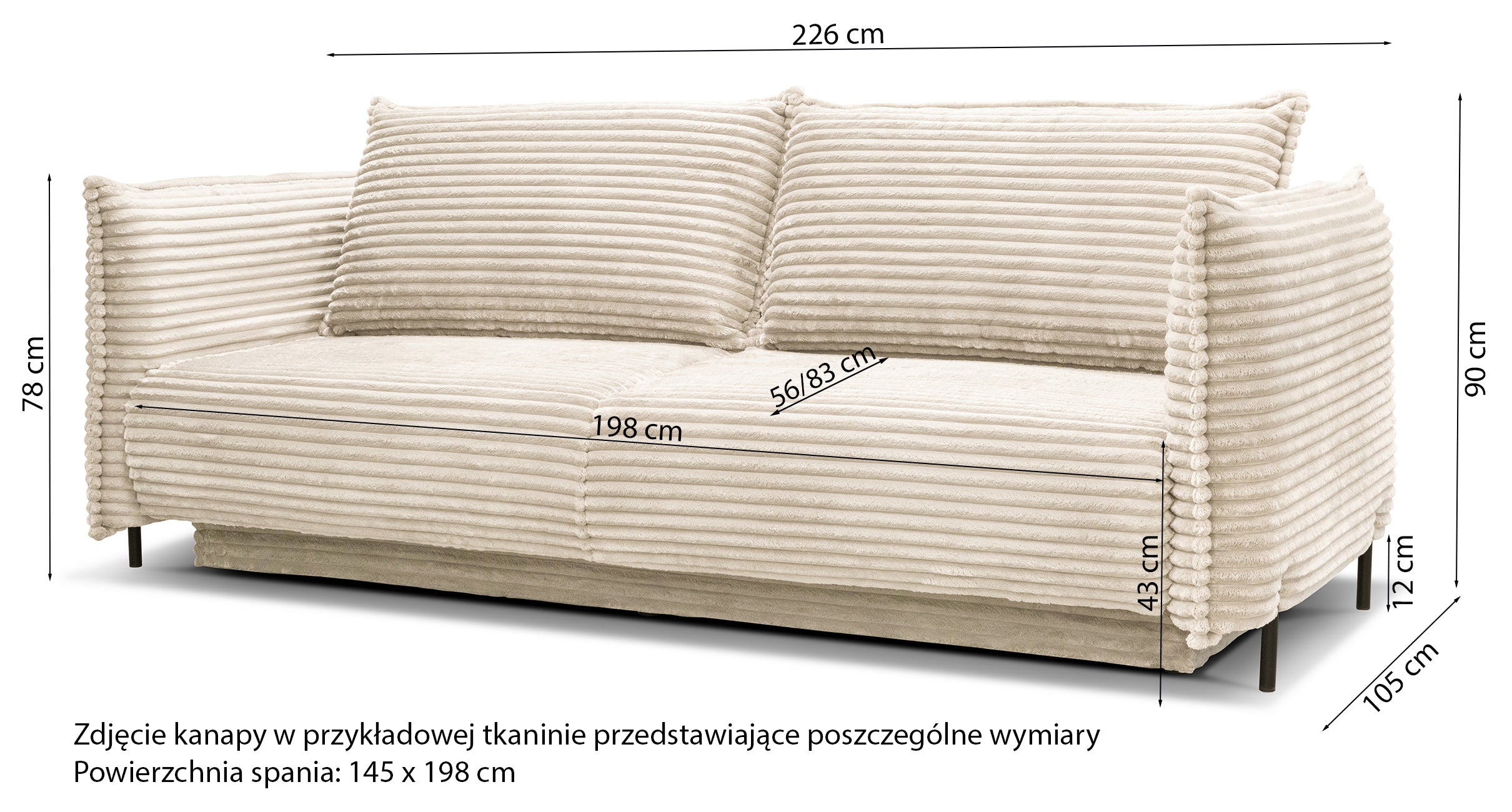 Kanapa rozkładana trzyosobowa Amalfi z pojemnikiem beżowa gruby sztruks