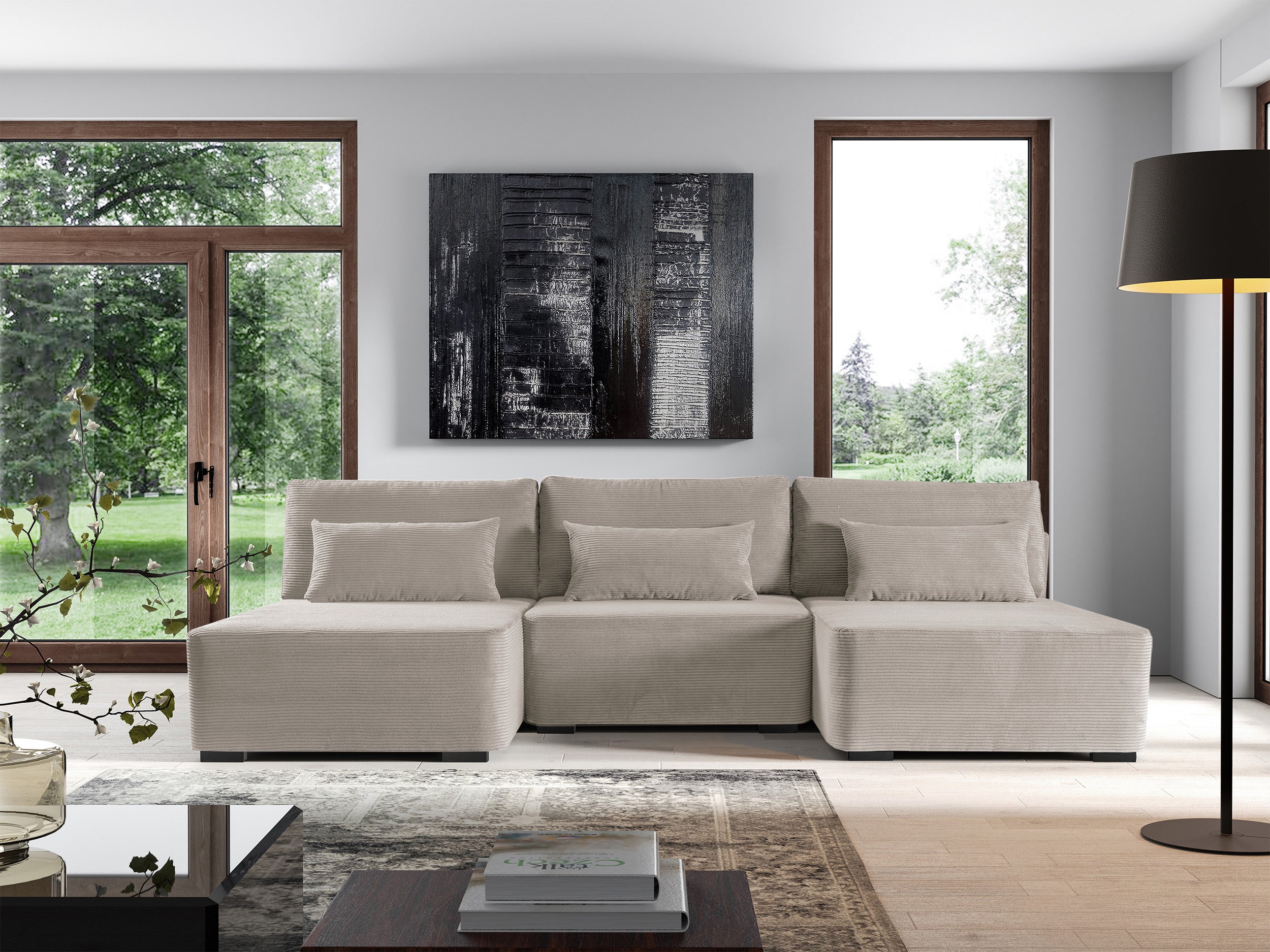 Narożnik z funkcją spania Moduliano U-kształtny z pojemnikiem uniwersalny ciemnobeżowy sztruks