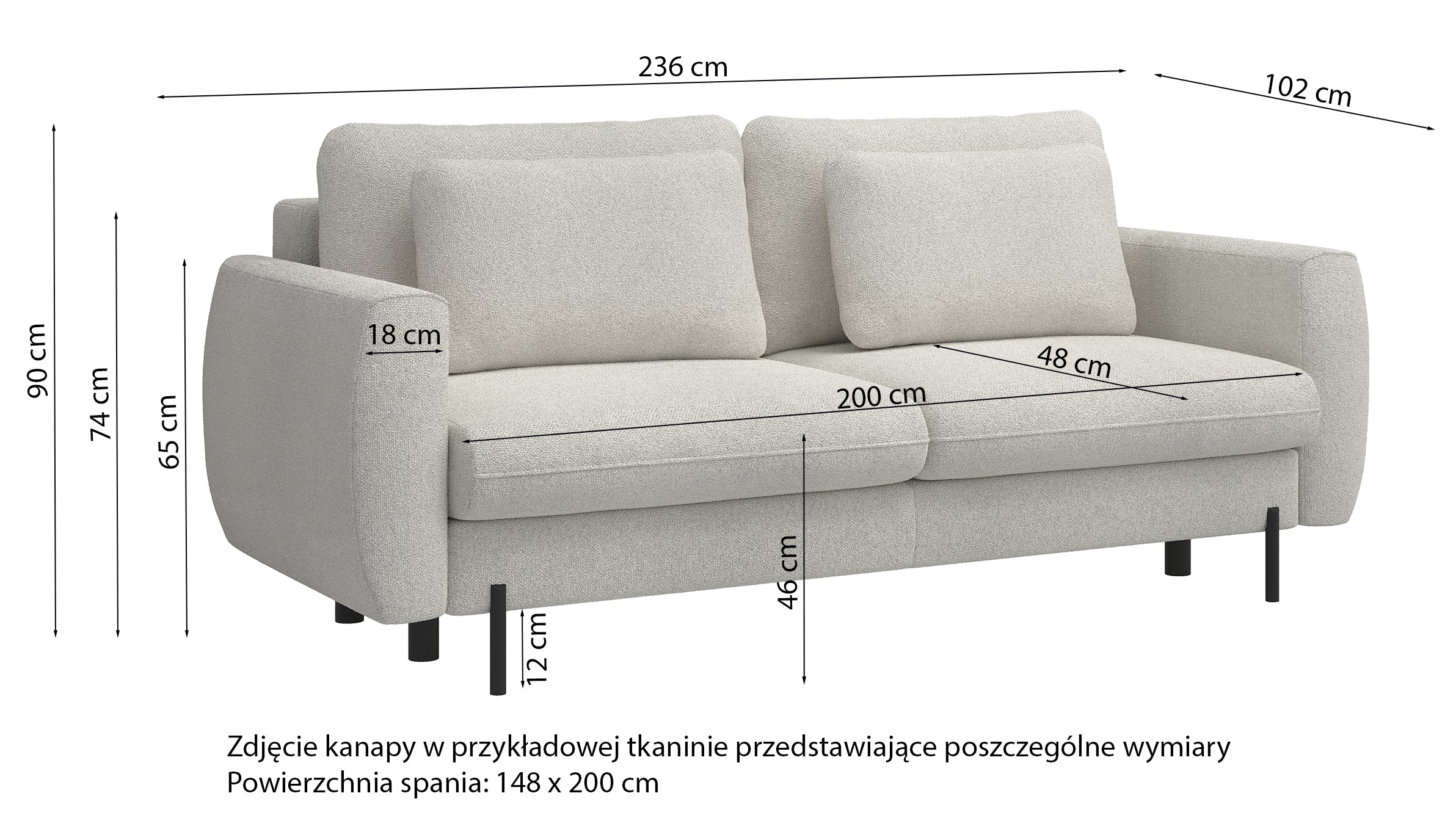 Kanapa rozkładana trzyosobowa Rane z pojemnikiem beżowa szenil hydrofobowy