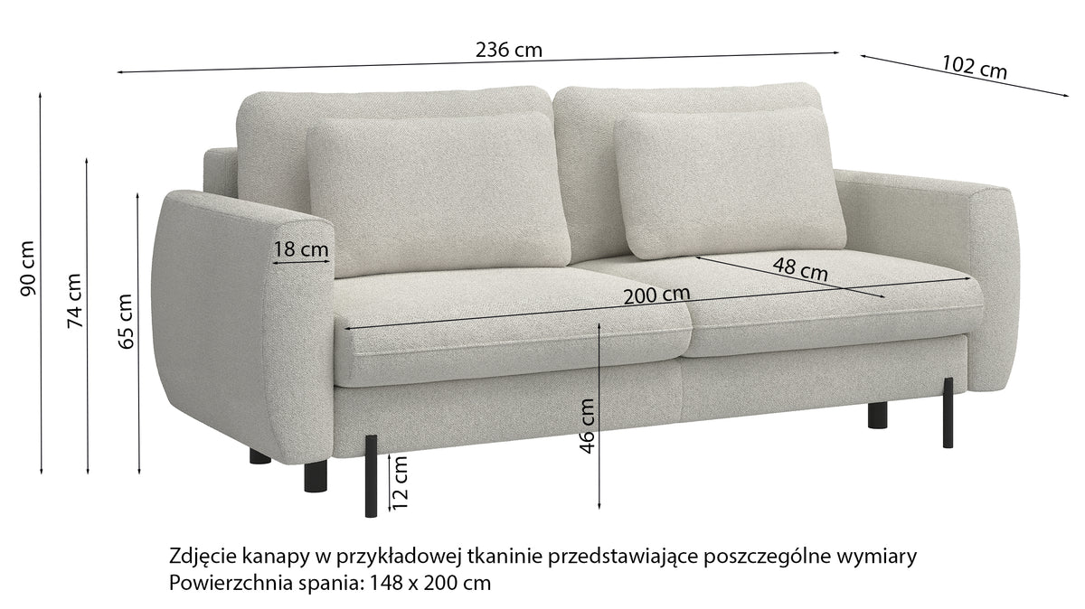 Kanapa rozkładana trzyosobowa Rane z pojemnikiem kremowa szenil hydrofobowy