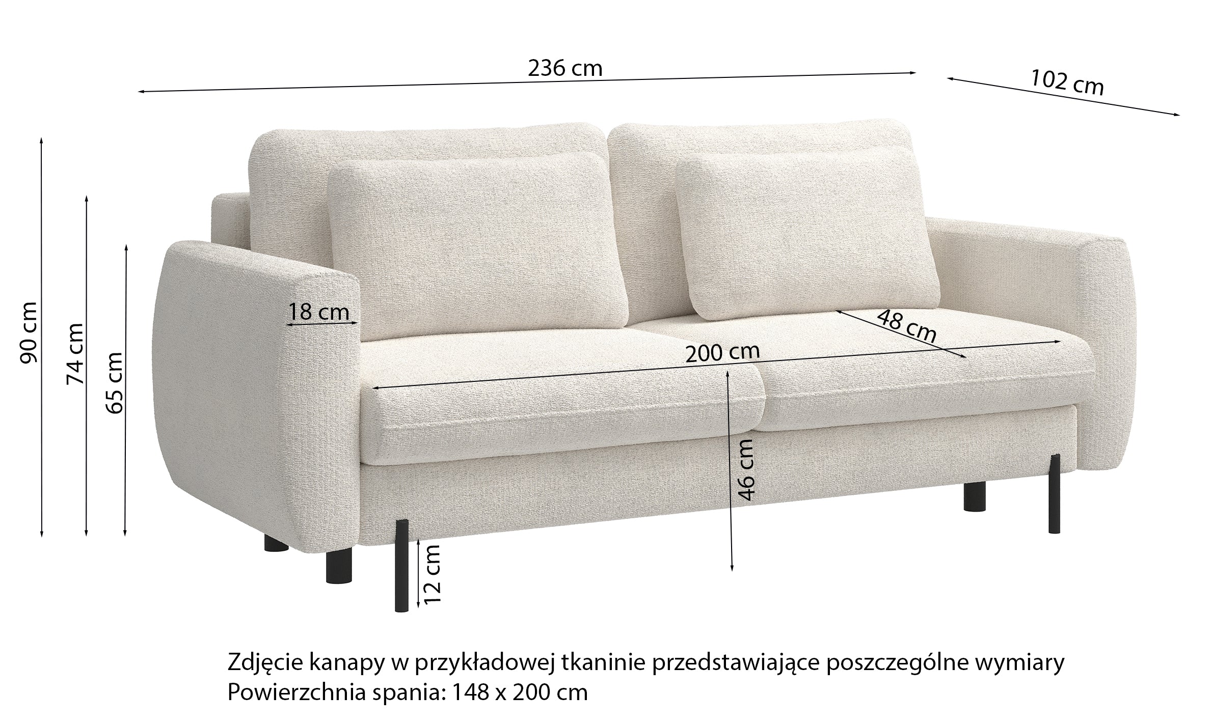 Kanapa rozkładana trzyosobowa Rane z pojemnikiem szara szenil hydrofobowy
