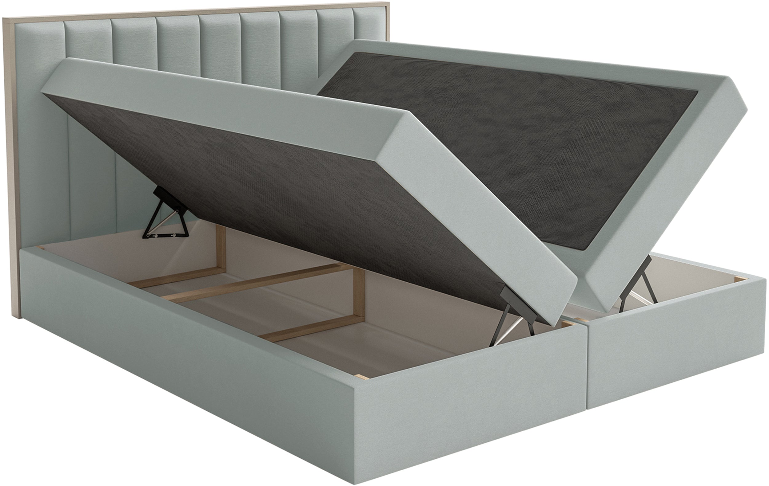 Łóżko kontynentalne 160x200 cm Togents z pojemnikami i topperem szałwiowe welur hydrofobowy
