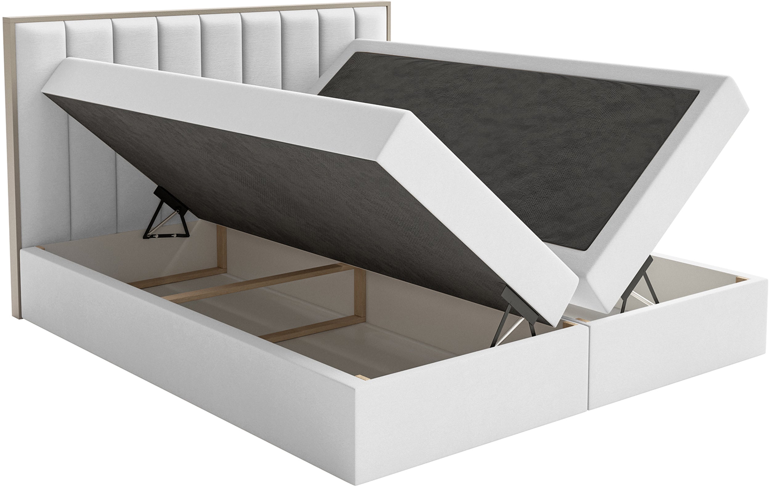 Łóżko kontynentalne 140x200 cm Togents z pojemnikami i topperem białe welur hydrofobowy