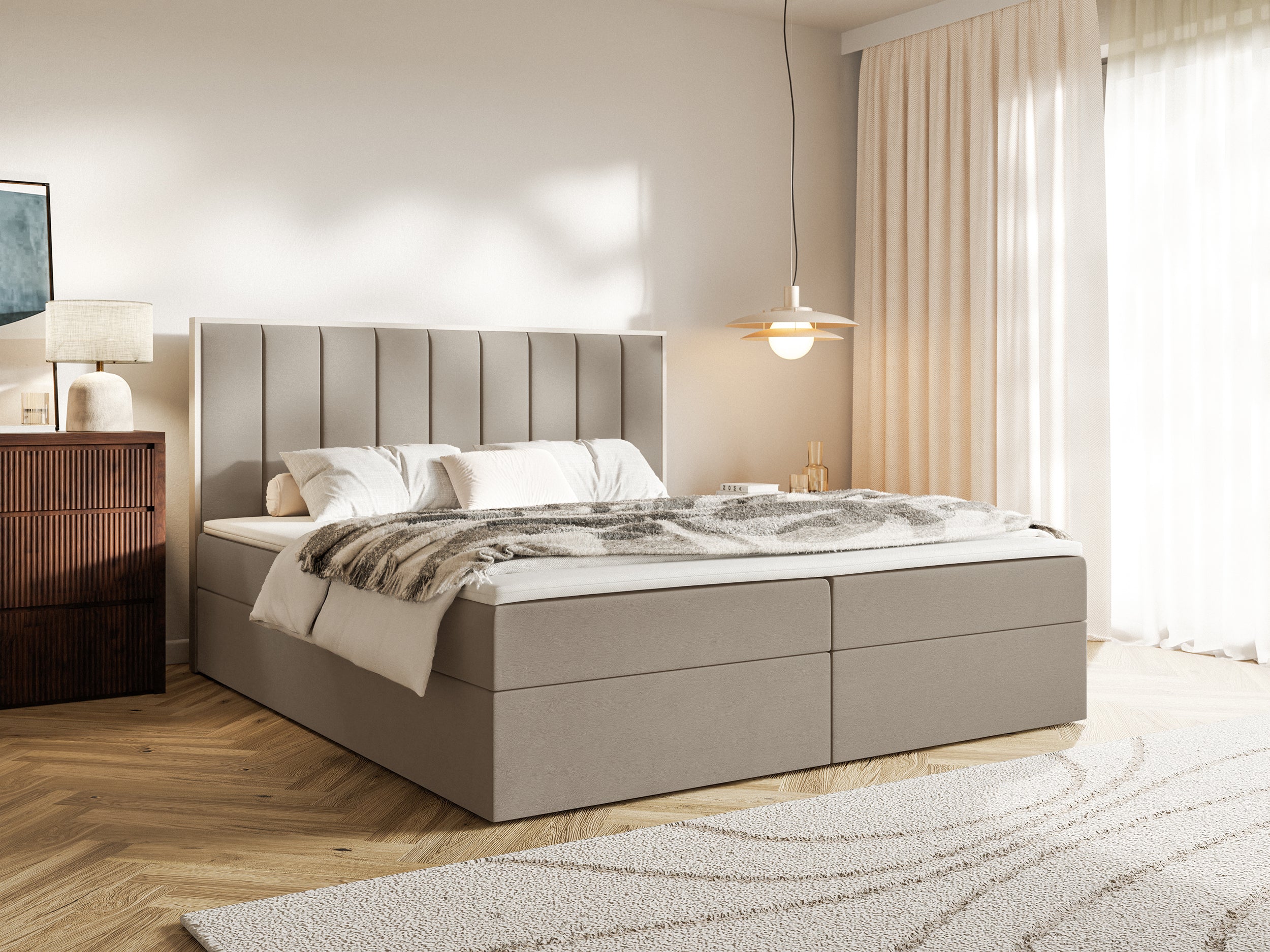 Łóżko kontynentalne 140x200 cm Togents z pojemnikami i topperem brązowe welur hydrofobowy