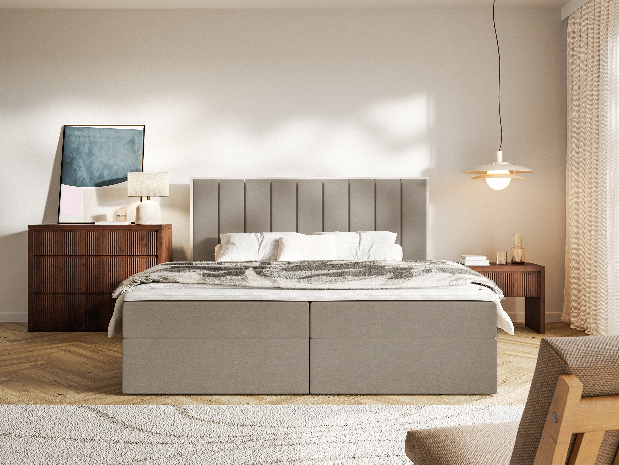 Łóżko kontynentalne 160x200 cm Togents z pojemnikami i topperem brązowe welur hydrofobowy