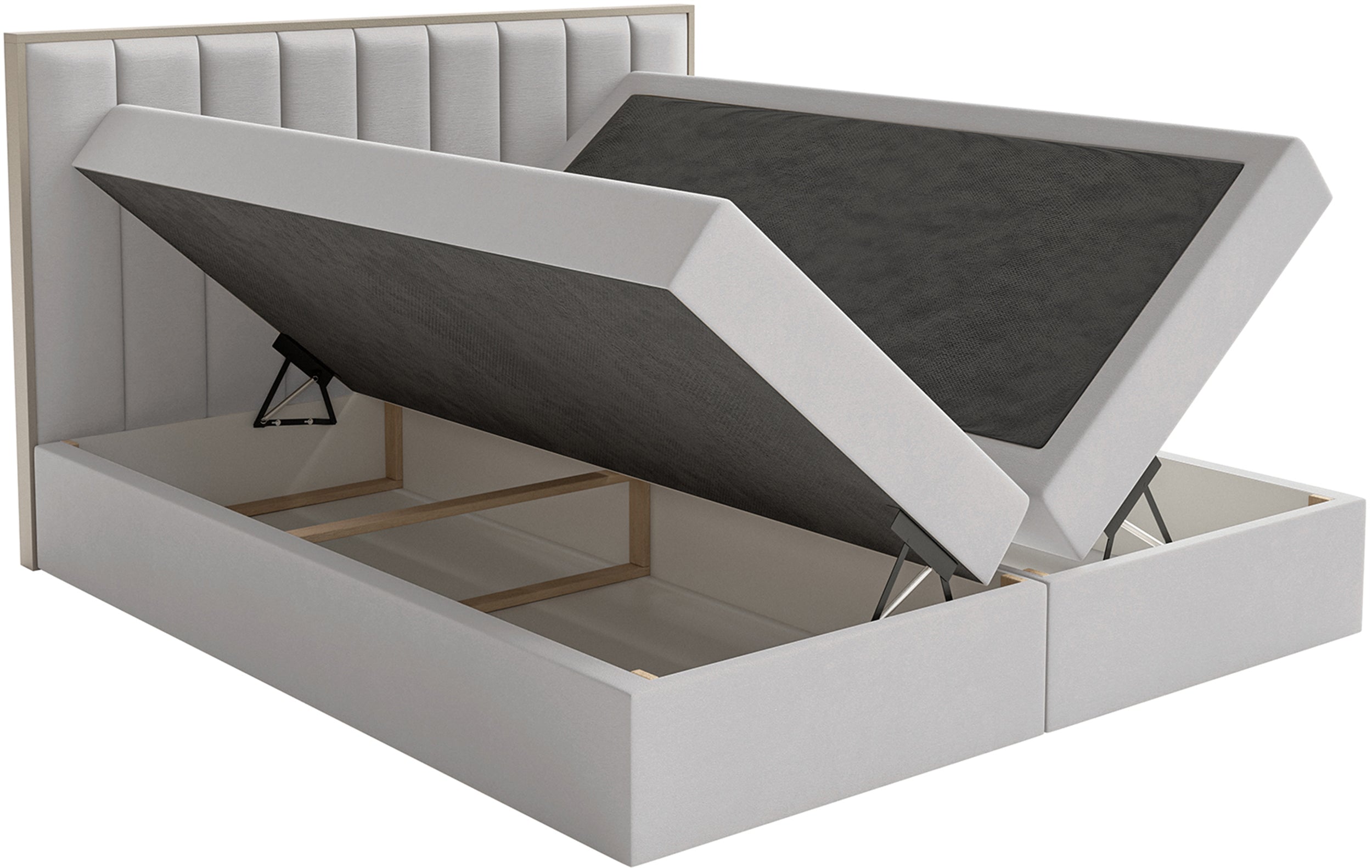 Łóżko kontynentalne 160x200 cm Togents z pojemnikami i topperem jasnoszare welur hydrofobowy