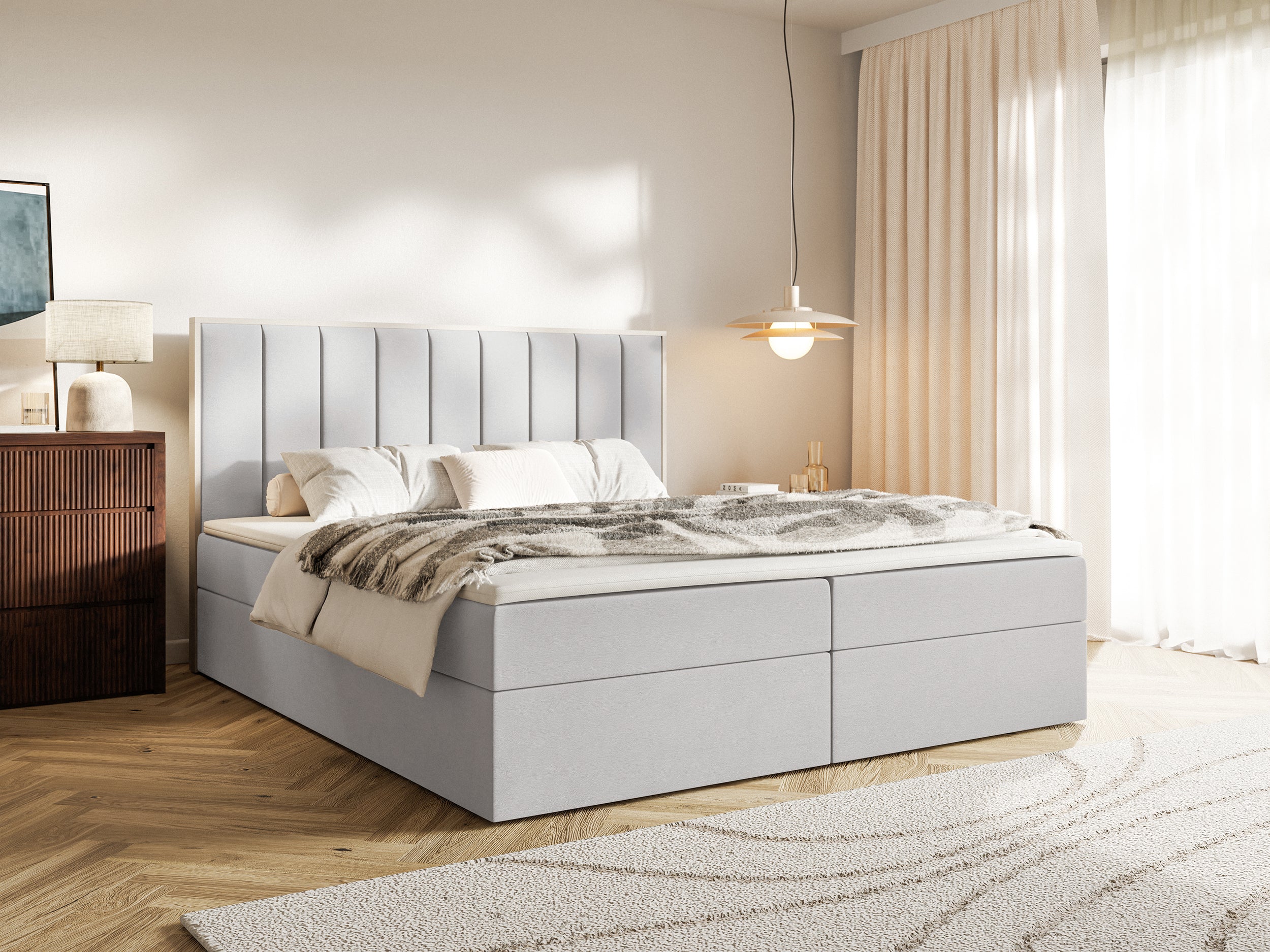Łóżko kontynentalne 180x200 cm Togents z pojemnikami i topperem jasnoszare welur hydrofobowy