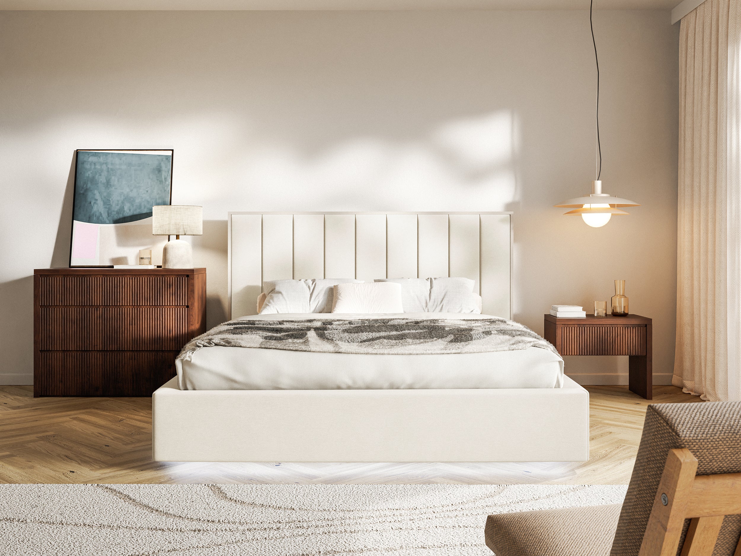 Łóżko tapicerowane 140x200 cm Togents z oświetleniem LED kremowe welur hydrofobowy